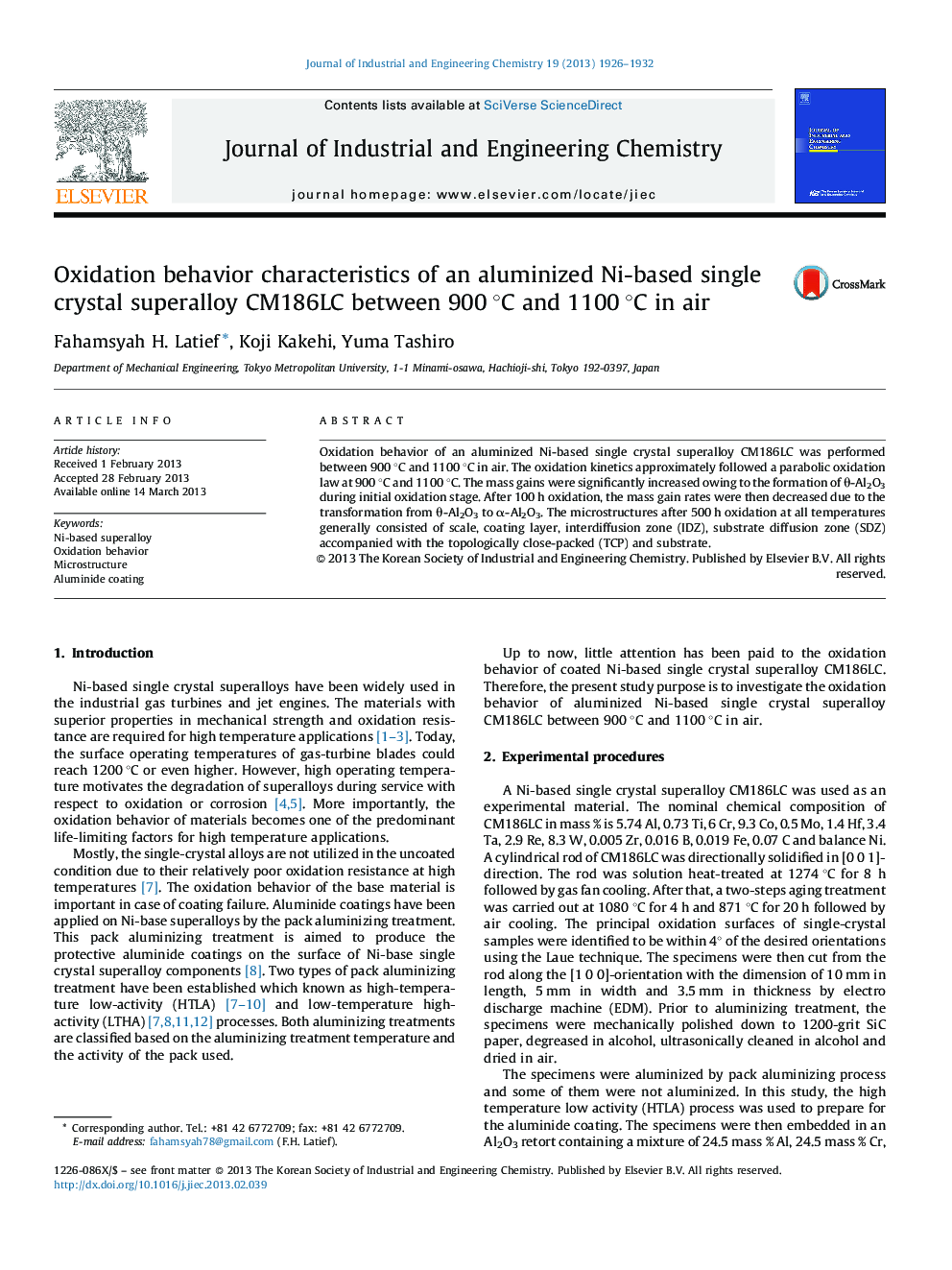 Oxidation behavior characteristics of an aluminized Ni-based single crystal superalloy CM186LC between 900 °C and 1100 °C in air