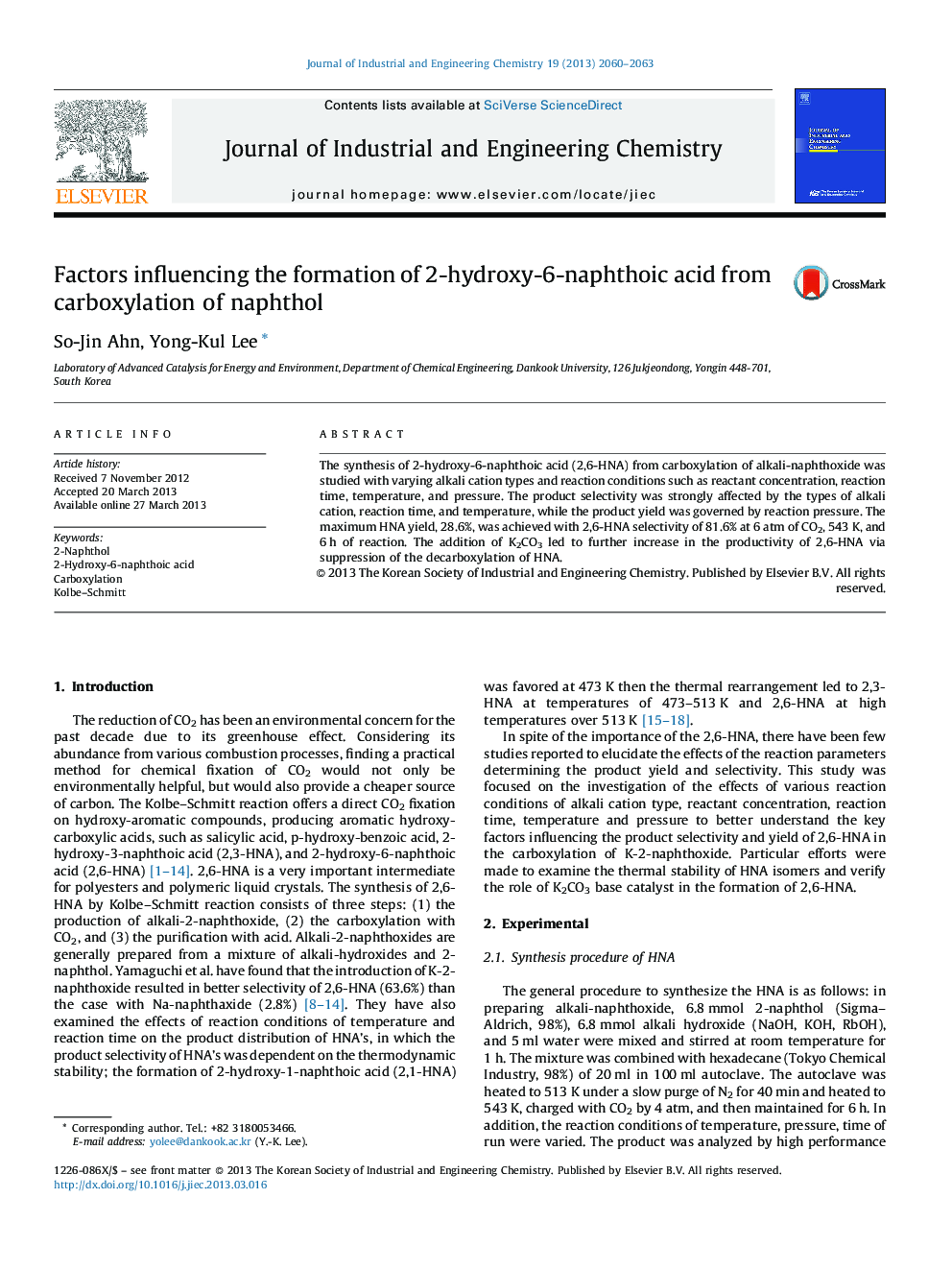 Factors influencing the formation of 2-hydroxy-6-naphthoic acid from carboxylation of naphthol