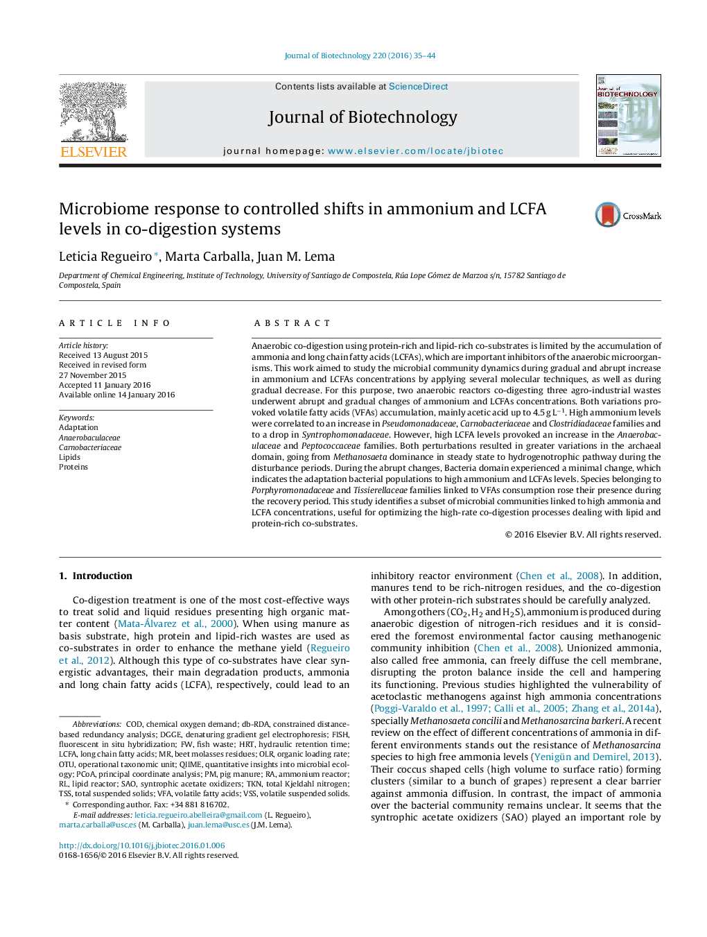 Microbiome response to controlled shifts in ammonium and LCFA levels in co-digestion systems