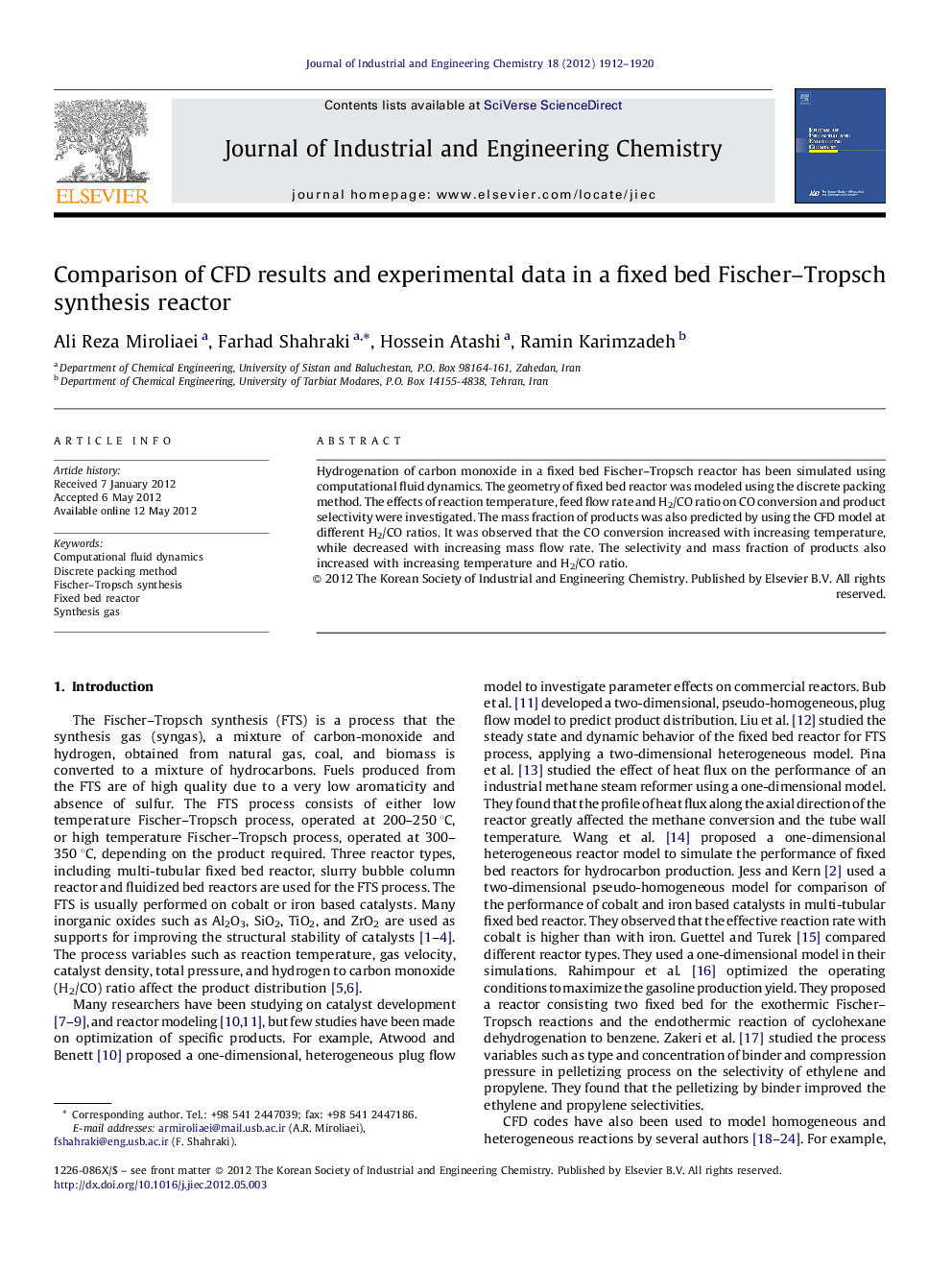 Comparison of CFD results and experimental data in a fixed bed Fischer–Tropsch synthesis reactor