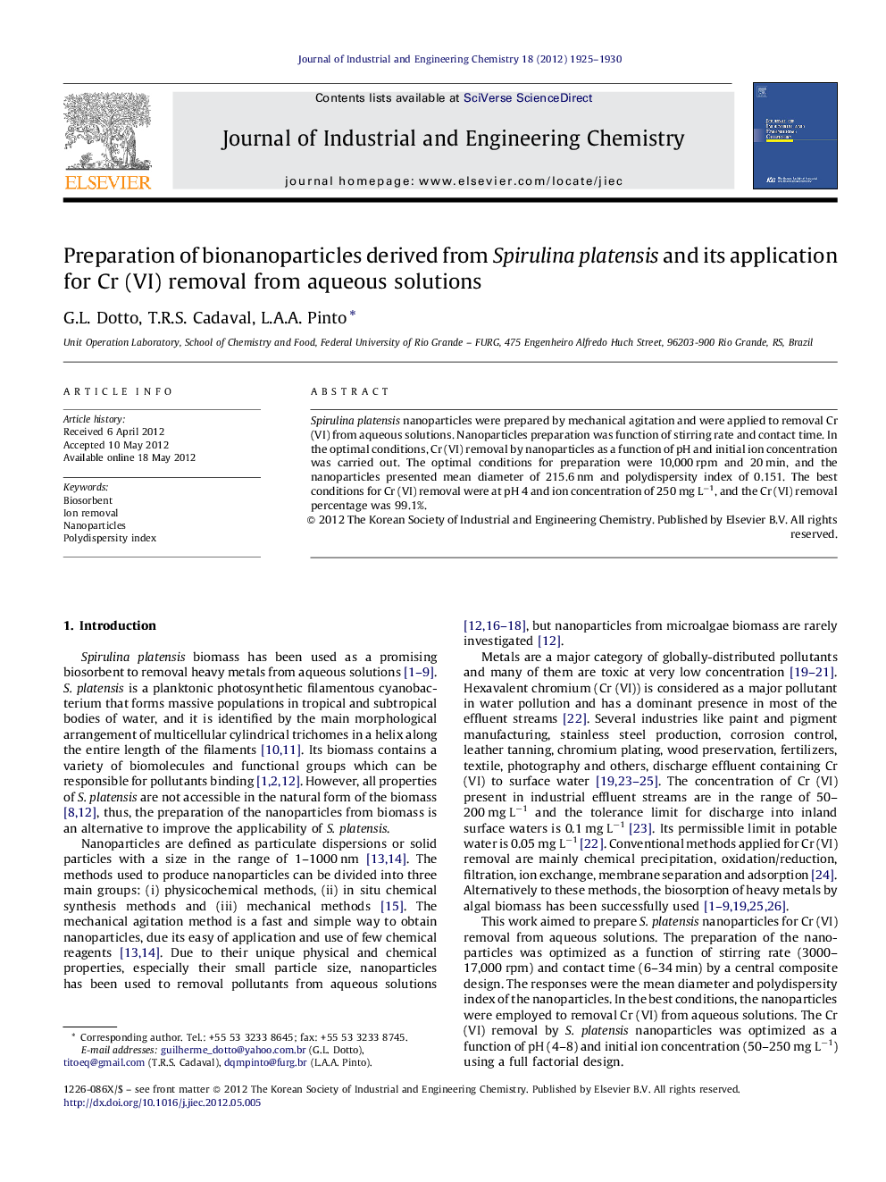 Preparation of bionanoparticles derived from Spirulina platensis and its application for Cr (VI) removal from aqueous solutions