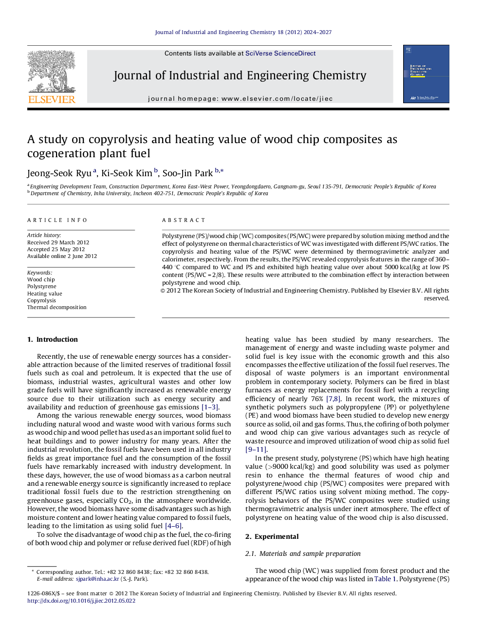 A study on copyrolysis and heating value of wood chip composites as cogeneration plant fuel