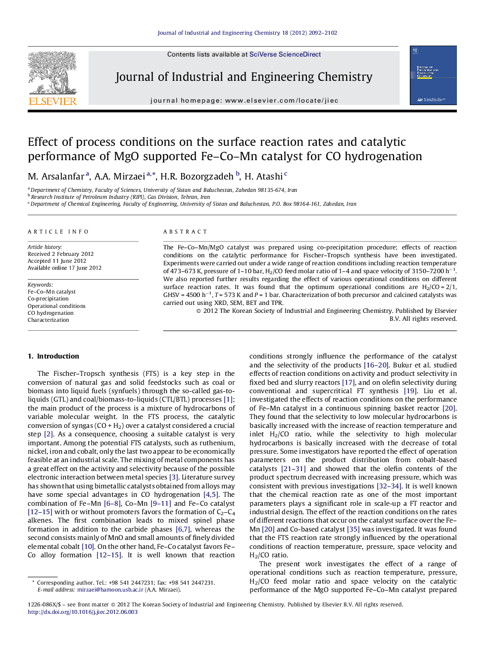 Effect of process conditions on the surface reaction rates and catalytic performance of MgO supported Fe–Co–Mn catalyst for CO hydrogenation