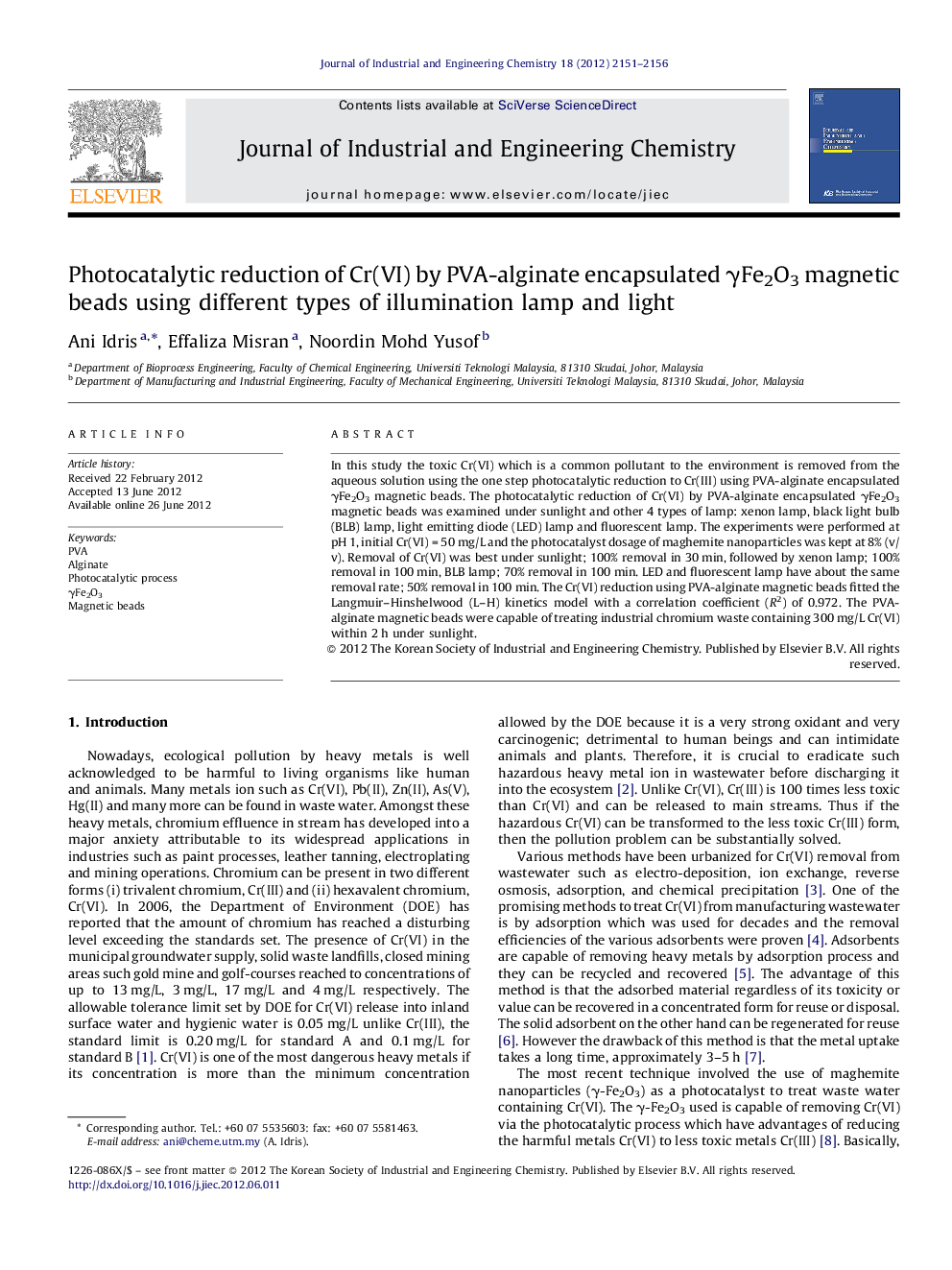 Photocatalytic reduction of Cr(VI) by PVA-alginate encapsulated γFe2O3 magnetic beads using different types of illumination lamp and light