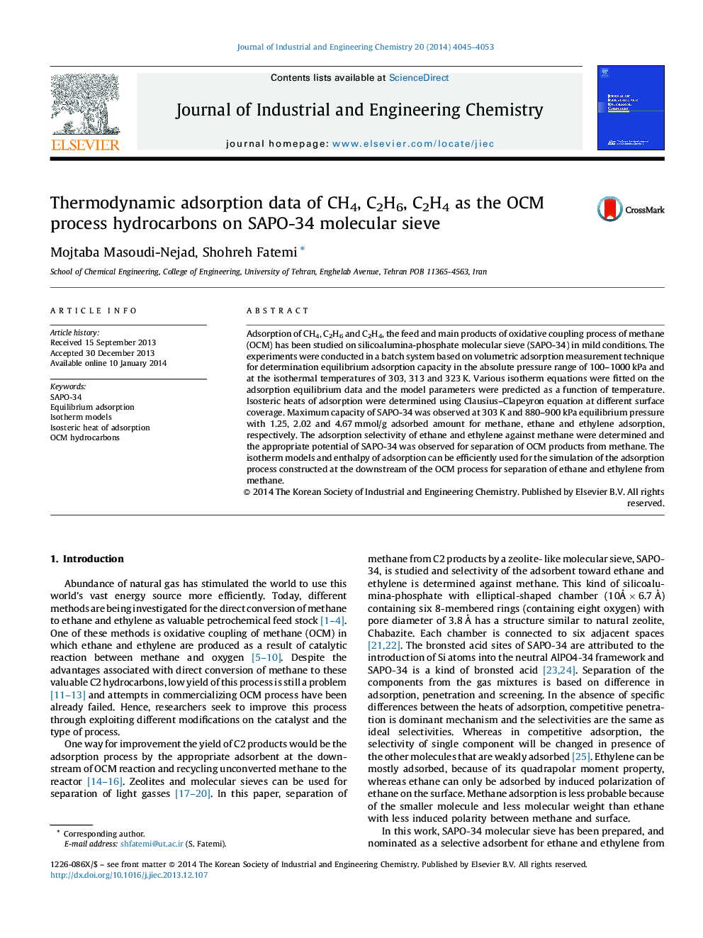 Thermodynamic adsorption data of CH4, C2H6, C2H4 as the OCM process hydrocarbons on SAPO-34 molecular sieve