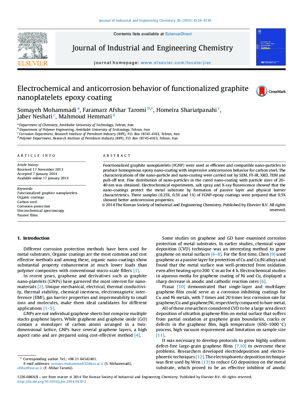 Electrochemical and anticorrosion behavior of functionalized graphite nanoplatelets epoxy coating