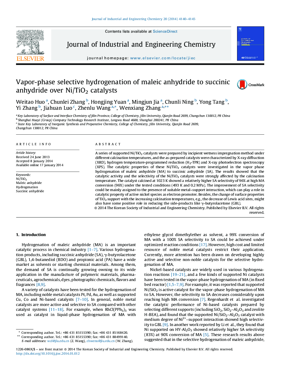 Vapor-phase selective hydrogenation of maleic anhydride to succinic anhydride over Ni/TiO2 catalysts