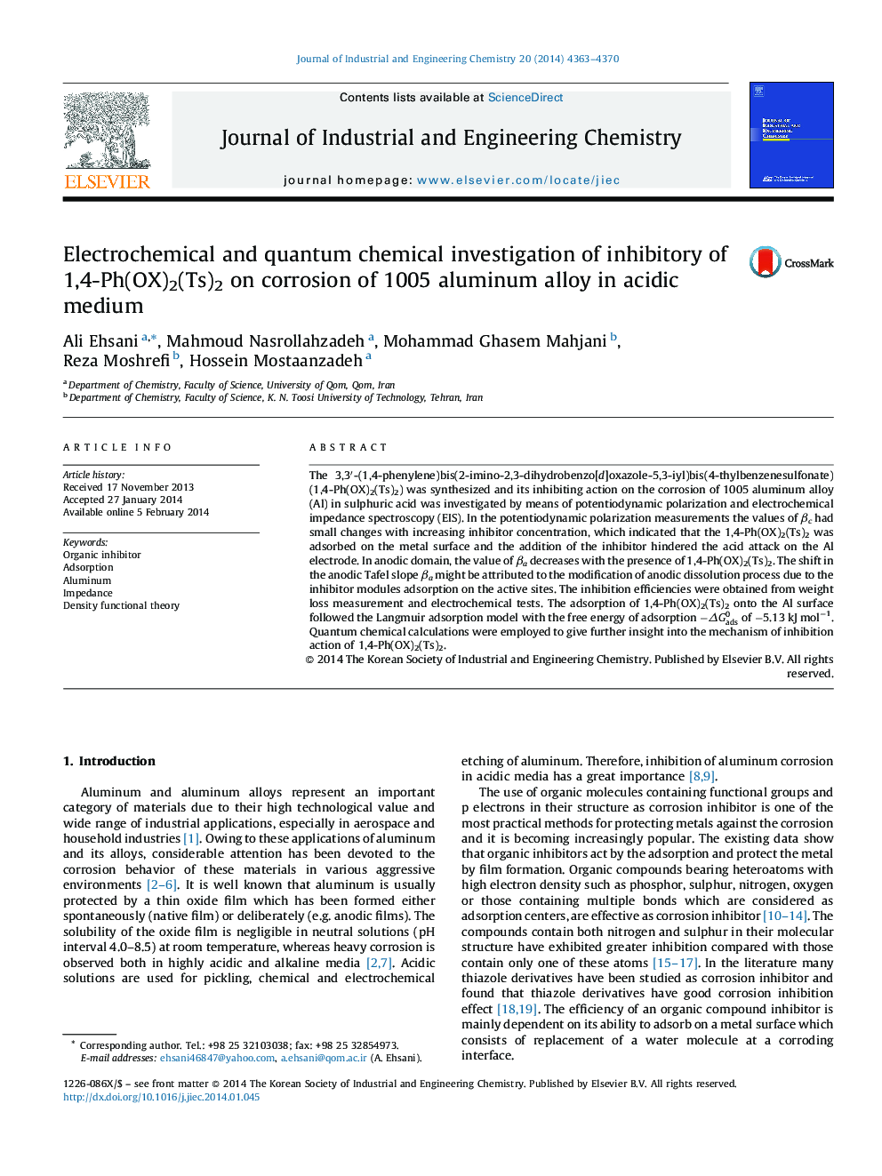 Electrochemical and quantum chemical investigation of inhibitory of 1,4-Ph(OX)2(Ts)2 on corrosion of 1005 aluminum alloy in acidic medium