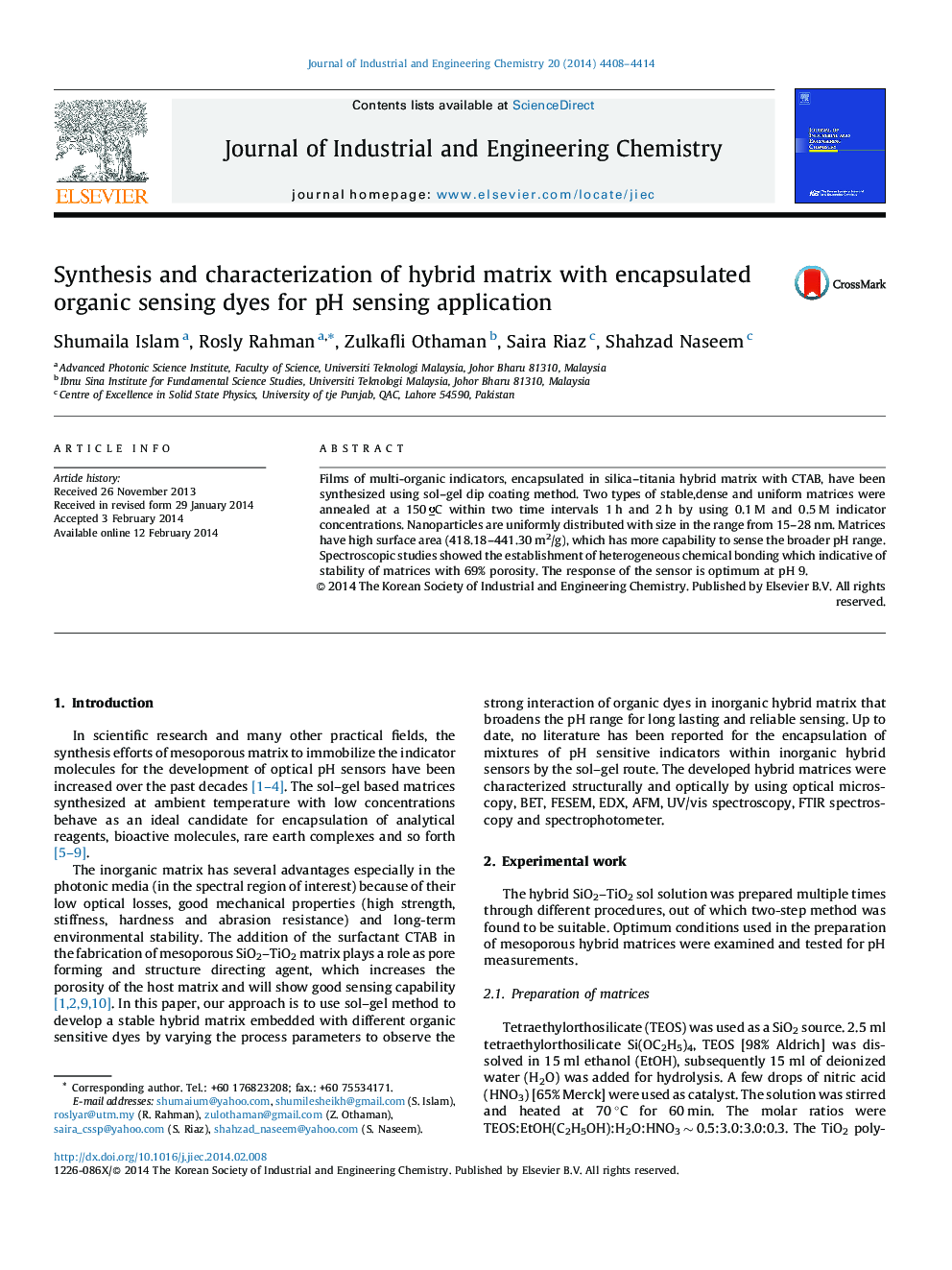عکس صفحه اول مقاله: Synthesis and characterization of hybrid matrix with encapsulated organic sensing dyes for pH sensing application Synthesis and characterization of hybrid matrix with encapsulated organic sensing dyes for pH sensing application