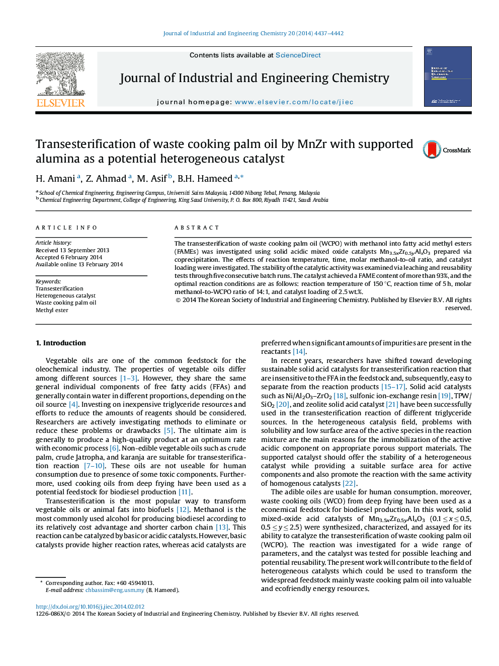 Transesterification of waste cooking palm oil by MnZr with supported alumina as a potential heterogeneous catalyst