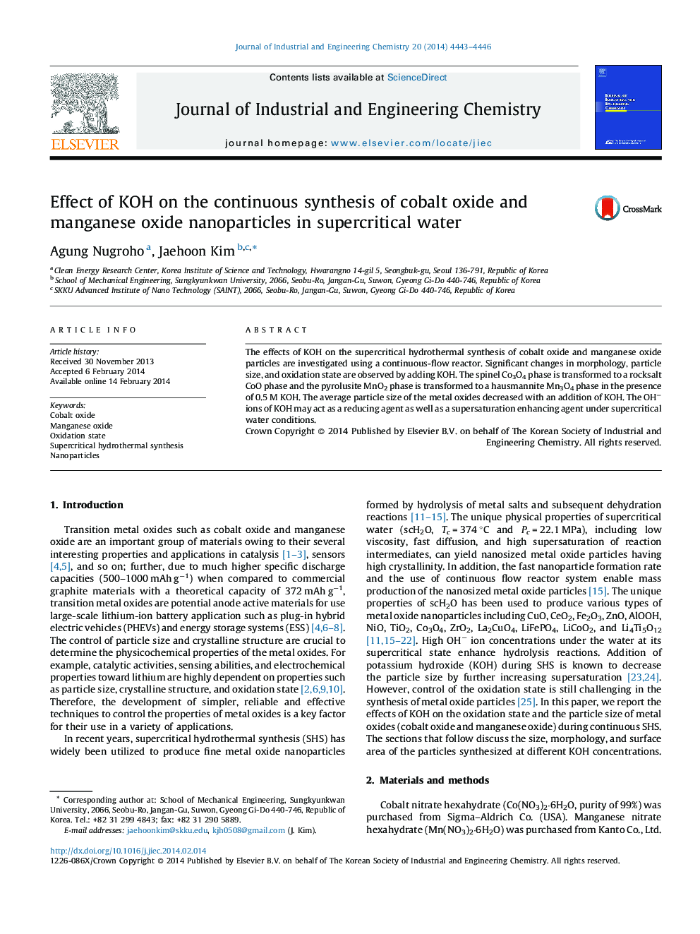 Effect of KOH on the continuous synthesis of cobalt oxide and manganese oxide nanoparticles in supercritical water