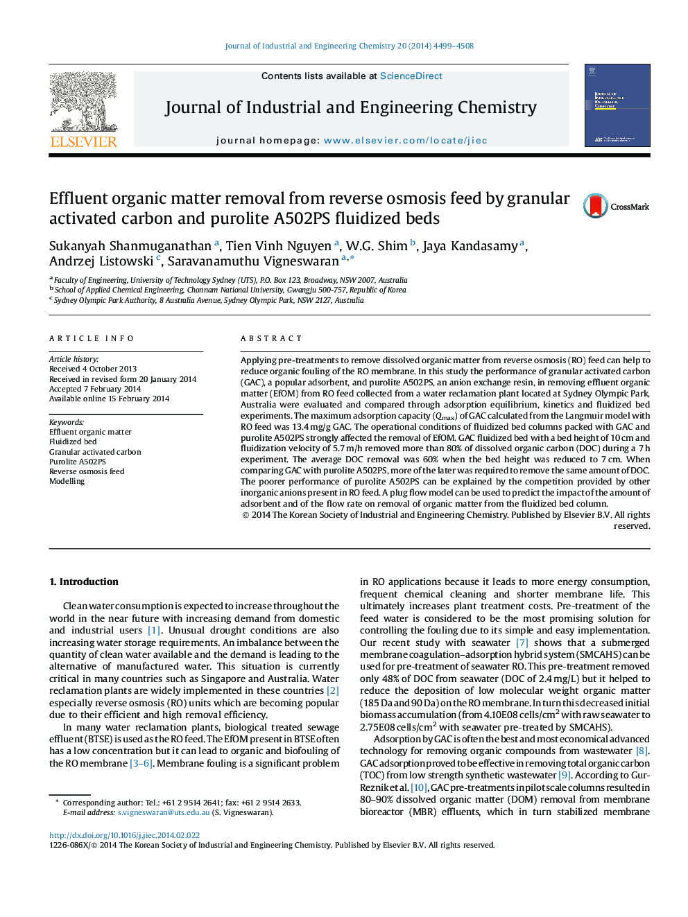 Effluent organic matter removal from reverse osmosis feed by granular activated carbon and purolite A502PS fluidized beds