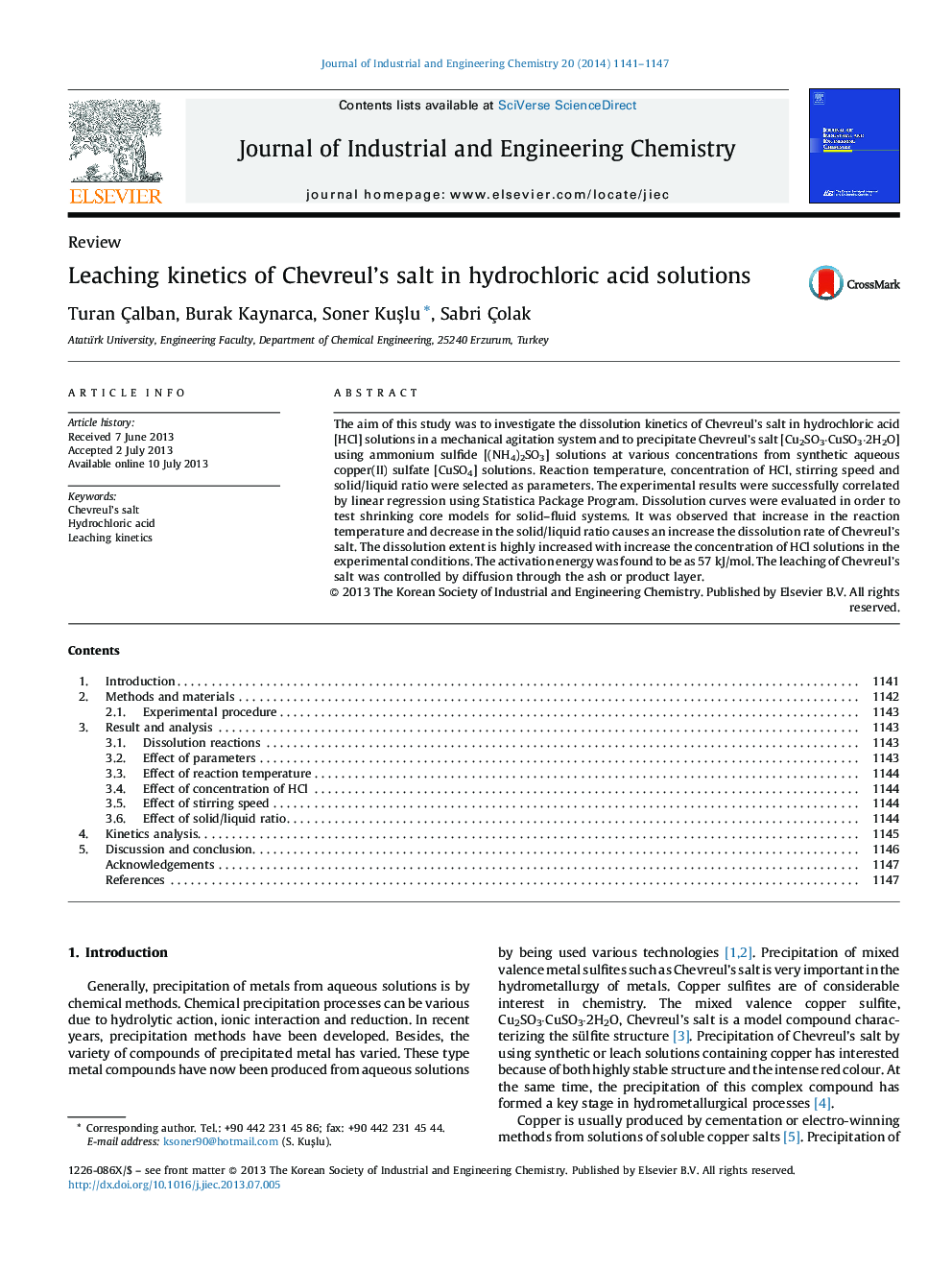 Leaching kinetics of Chevreul's salt in hydrochloric acid solutions