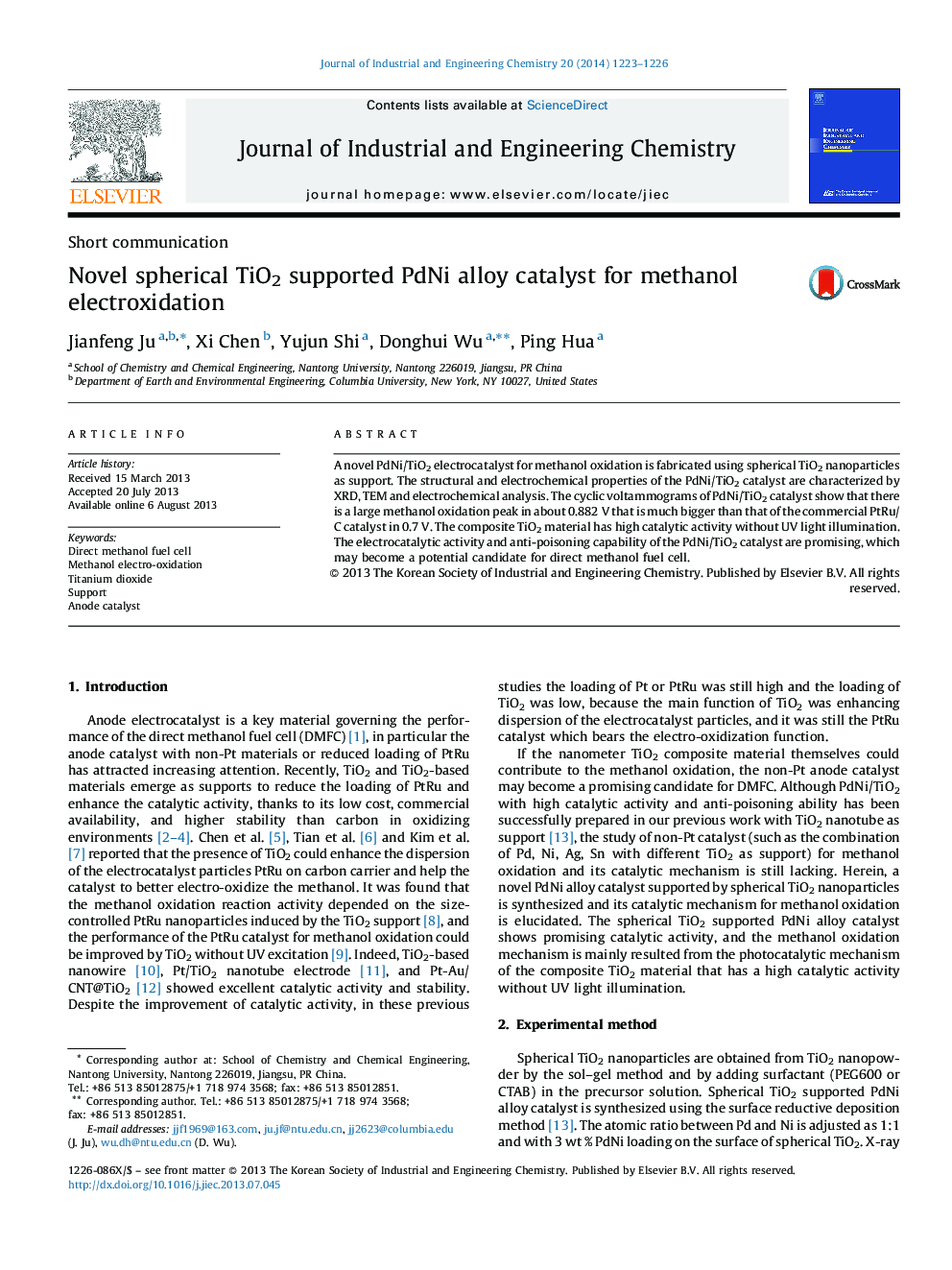 Novel spherical TiO2 supported PdNi alloy catalyst for methanol electroxidation