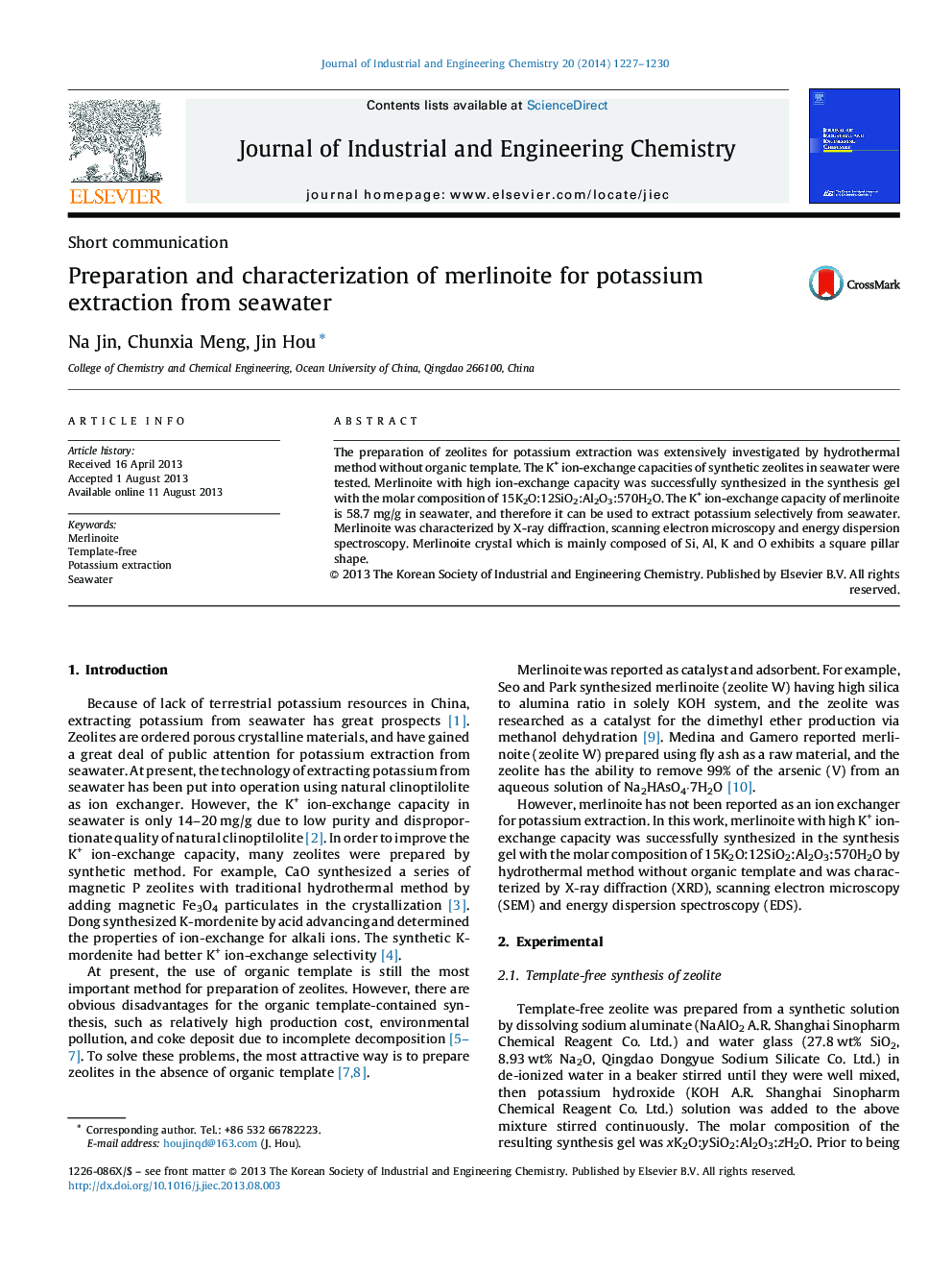 Preparation and characterization of merlinoite for potassium extraction from seawater