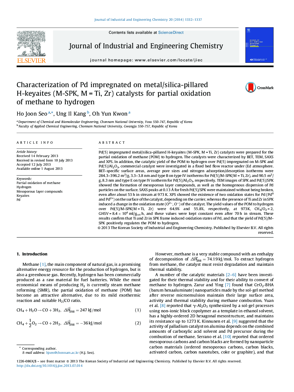 Characterization of Pd impregnated on metal/silica-pillared H-keyaites (M-SPK, M = Ti, Zr) catalysts for partial oxidation of methane to hydrogen