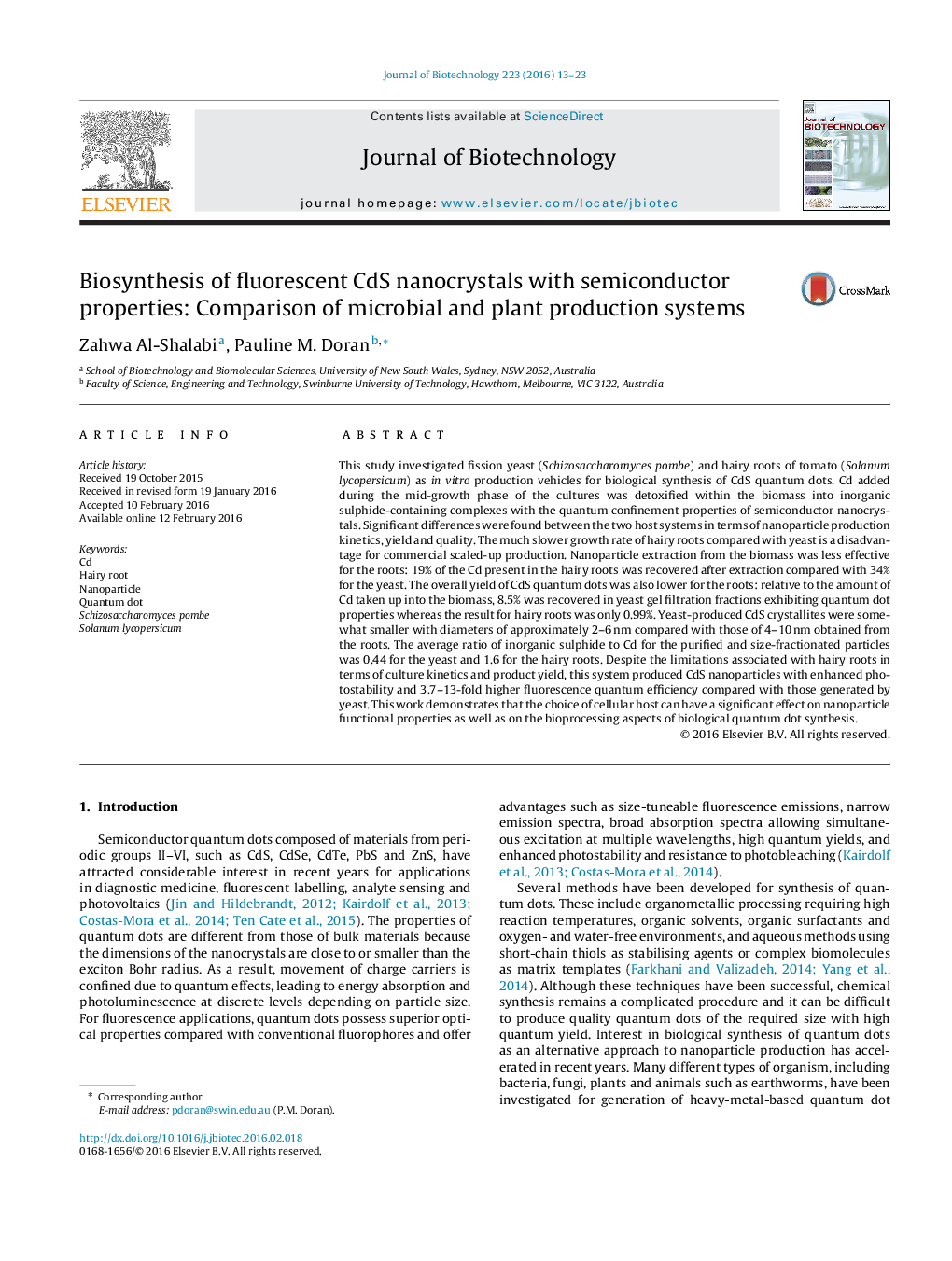 Biosynthesis of fluorescent CdS nanocrystals with semiconductor properties: Comparison of microbial and plant production systems