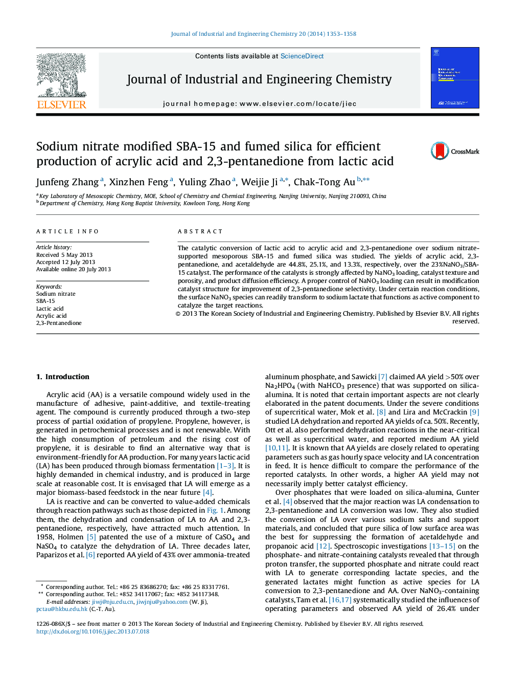 Sodium nitrate modified SBA-15 and fumed silica for efficient production of acrylic acid and 2,3-pentanedione from lactic acid