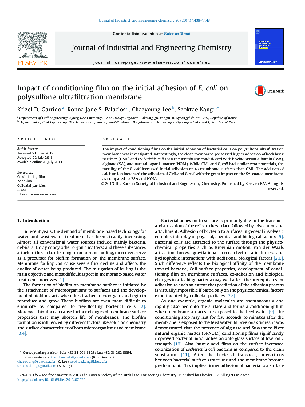 Impact of conditioning film on the initial adhesion of E. coli on polysulfone ultrafiltration membrane