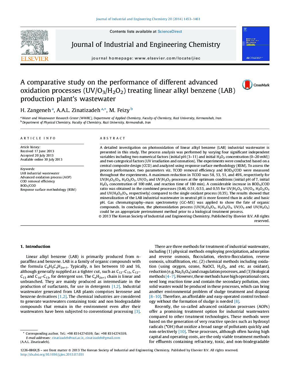 A comparative study on the performance of different advanced oxidation processes (UV/O3/H2O2) treating linear alkyl benzene (LAB) production plant's wastewater