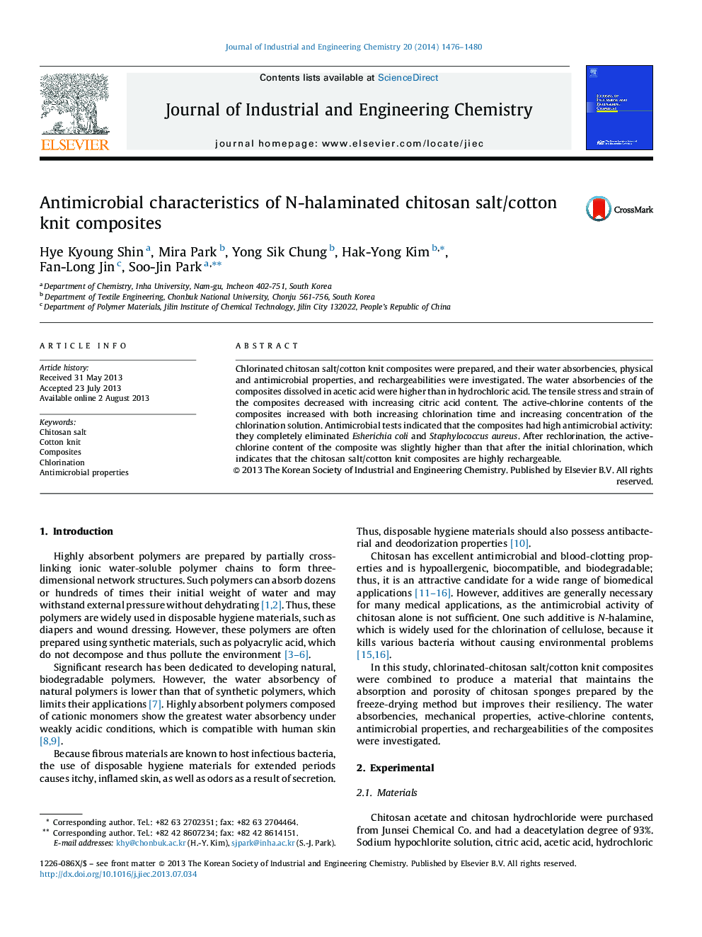 Antimicrobial characteristics of N-halaminated chitosan salt/cotton knit composites