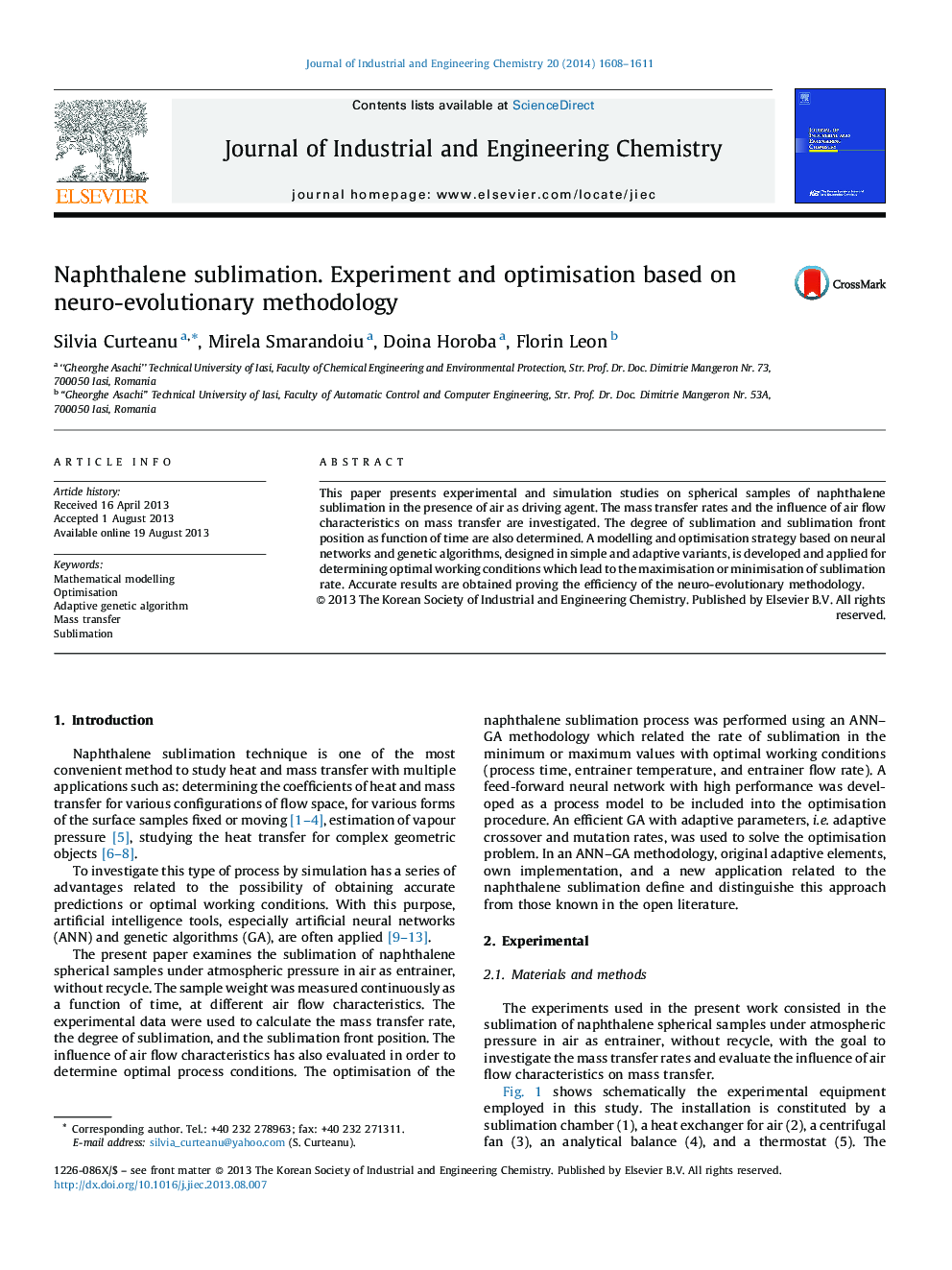 Naphthalene sublimation. Experiment and optimisation based on neuro-evolutionary methodology