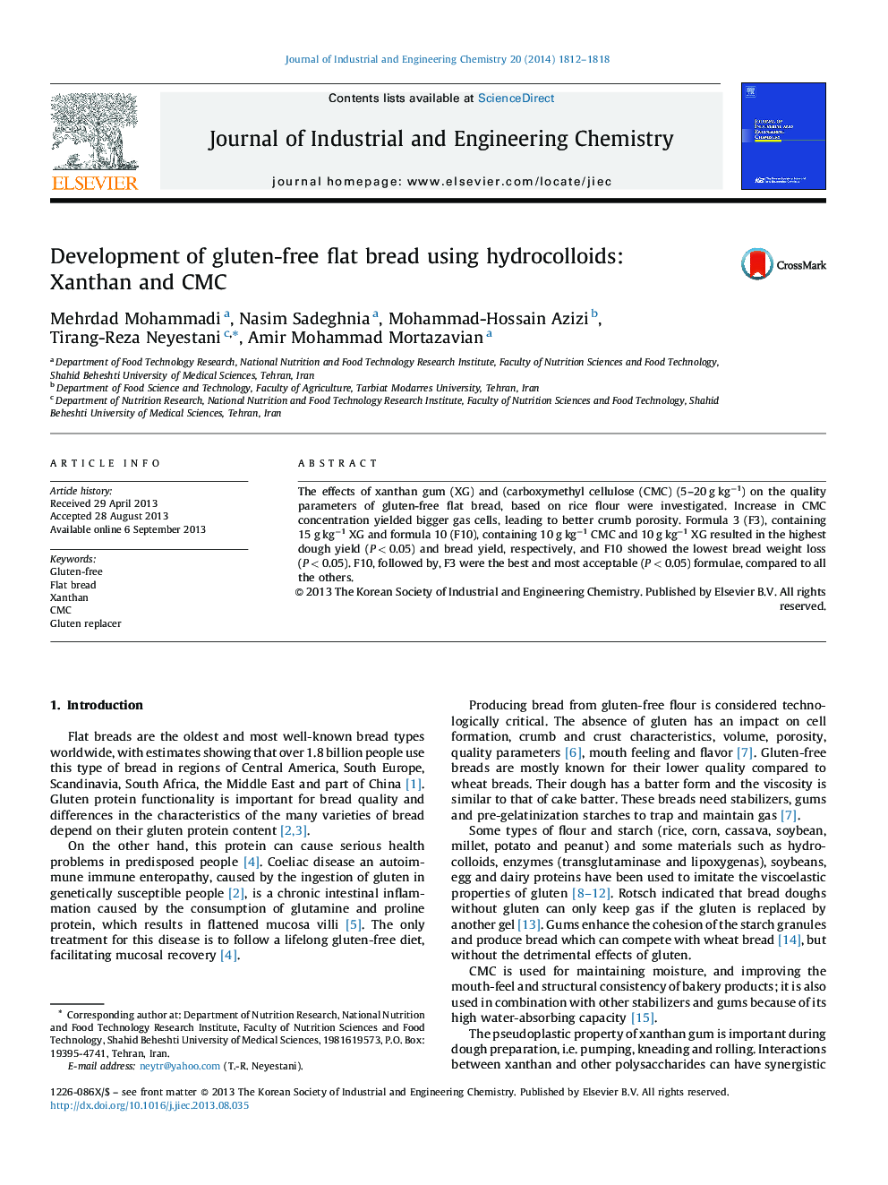 Development of gluten-free flat bread using hydrocolloids: Xanthan and CMC