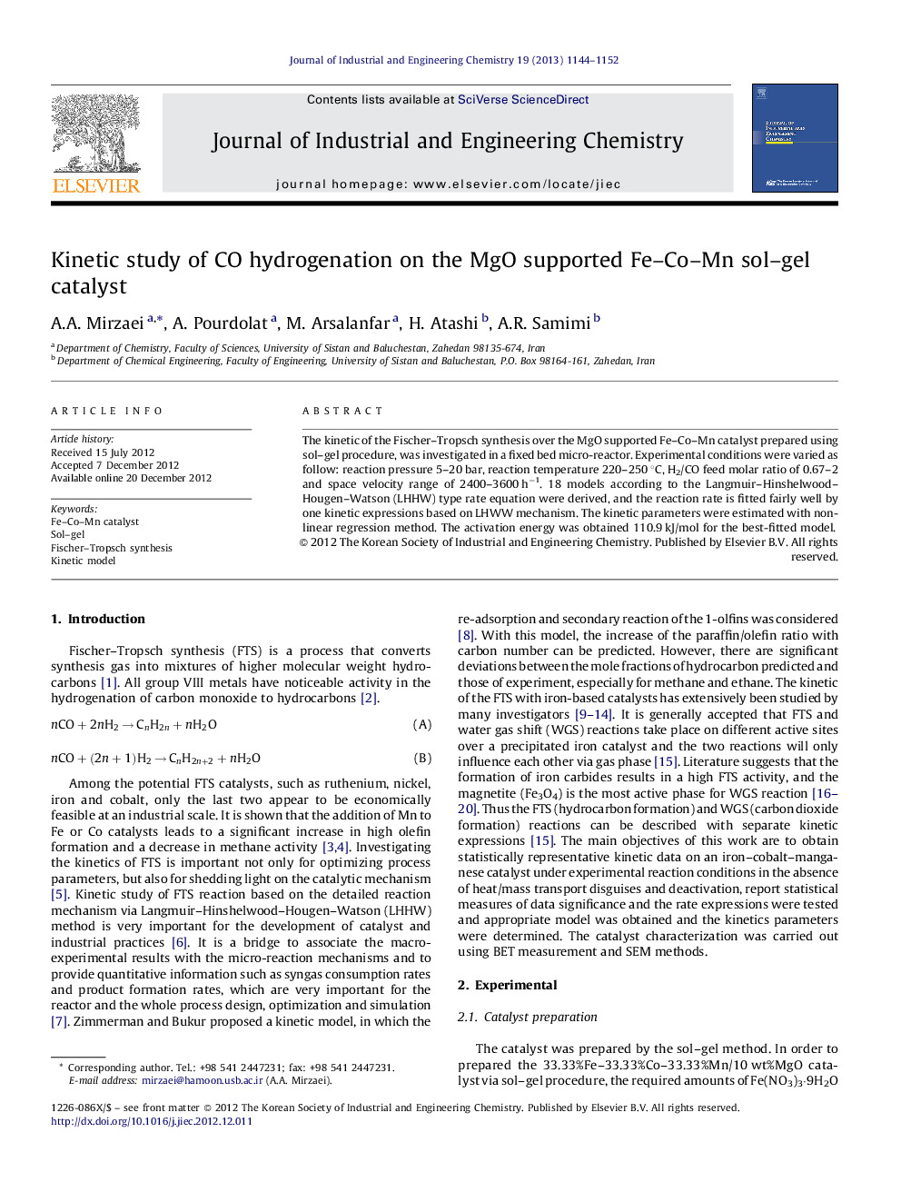 عکس صفحه اول مقاله: Kinetic study of CO hydrogenation on the MgO supported Fe–Co–Mn sol–gel catalyst Kinetic study of CO hydrogenation on the MgO supported Fe–Co–Mn sol–gel catalyst