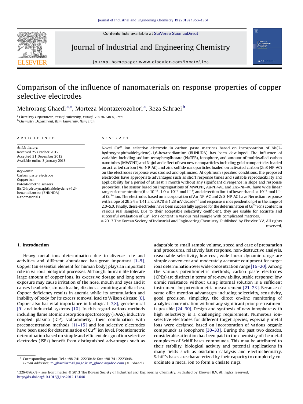 Comparison of the influence of nanomaterials on response properties of copper selective electrodes