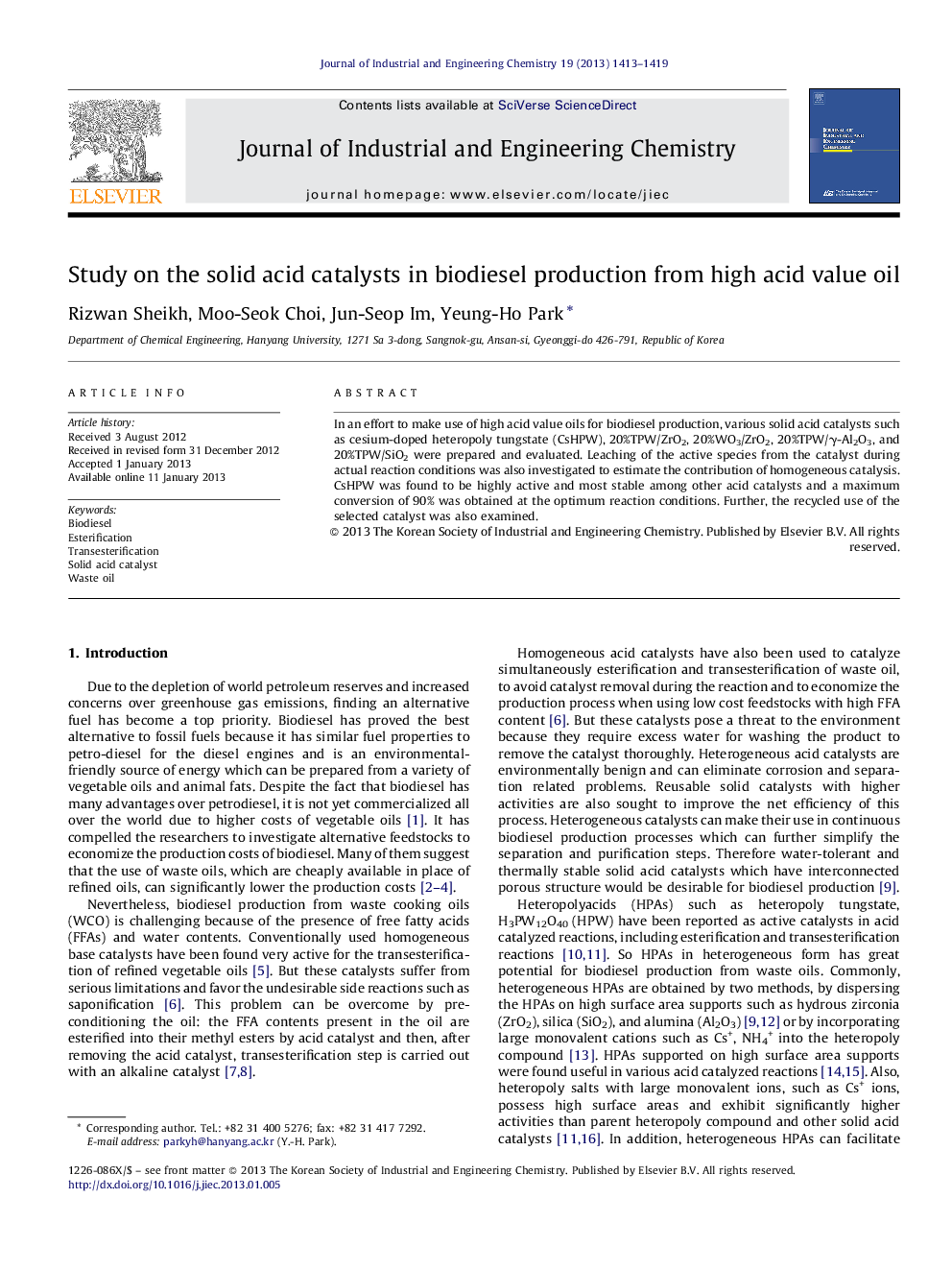 Study on the solid acid catalysts in biodiesel production from high acid value oil