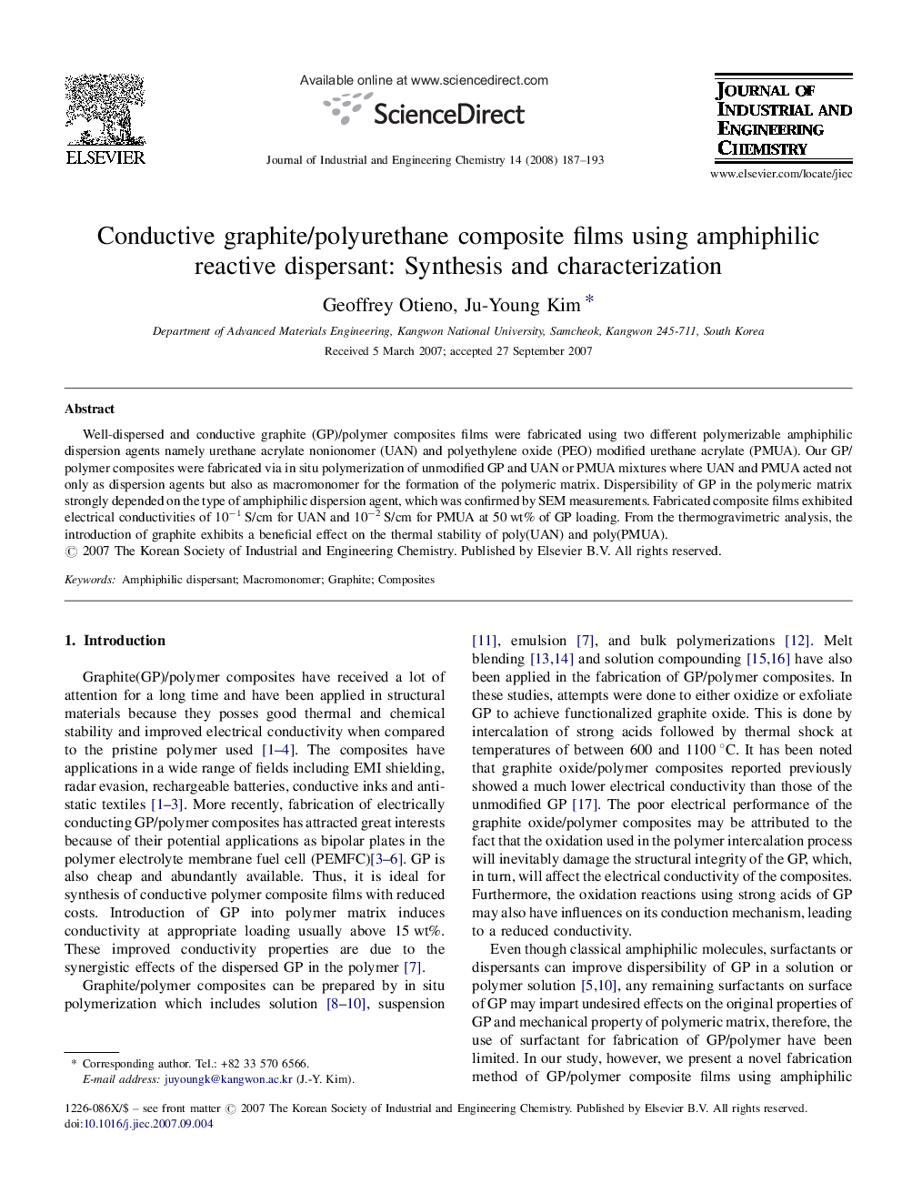 Conductive graphite/polyurethane composite films using amphiphilic reactive dispersant: Synthesis and characterization