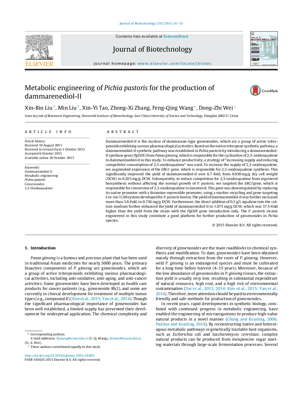 Metabolic engineering of Pichia pastoris for the production of dammarenediol-II