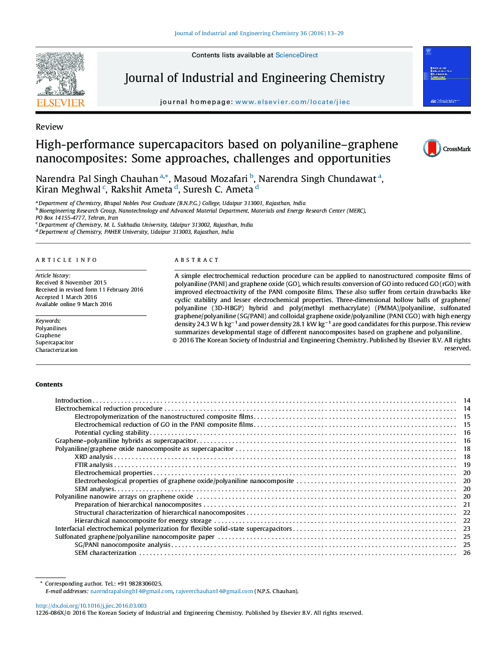 High-performance supercapacitors based on polyaniline–graphene nanocomposites: Some approaches, challenges and opportunities