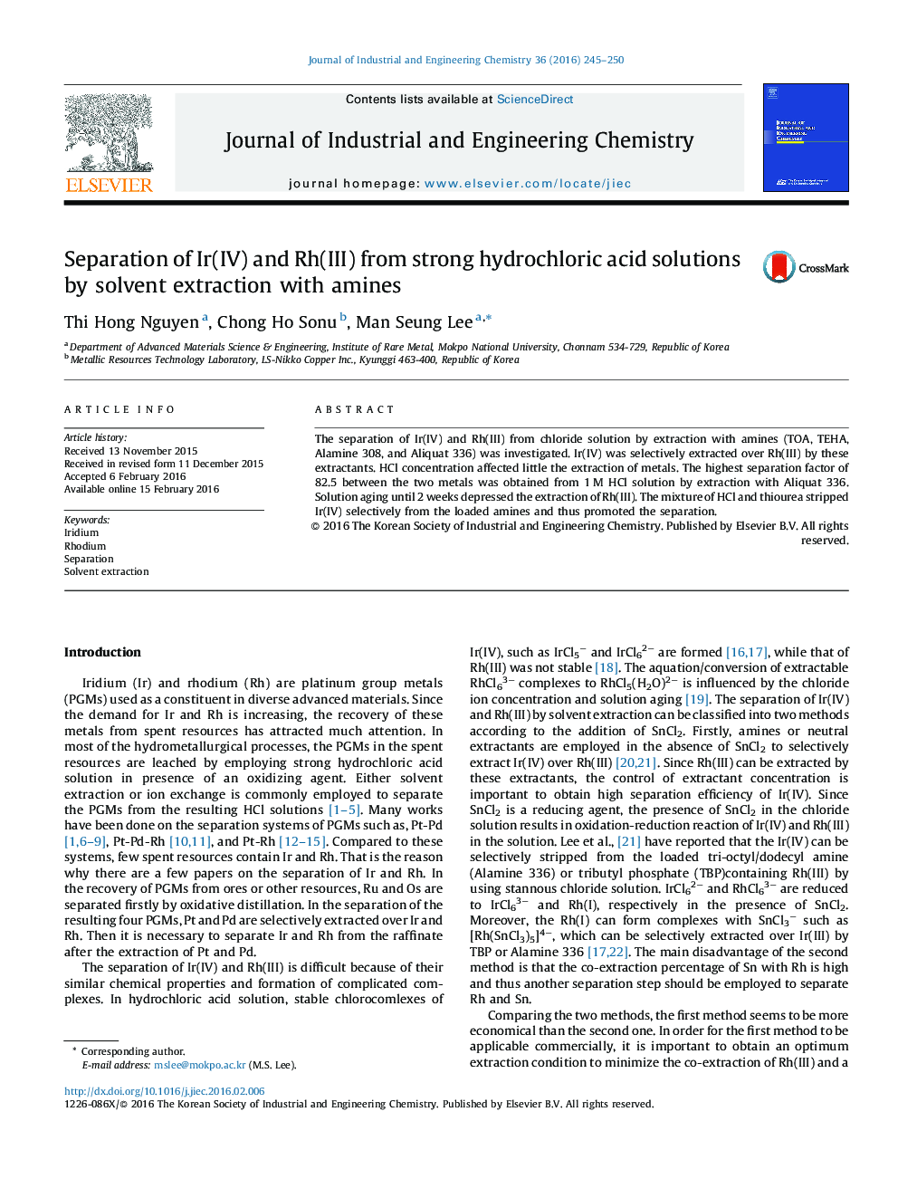 Separation of Ir(IV) and Rh(III) from strong hydrochloric acid solutions by solvent extraction with amines