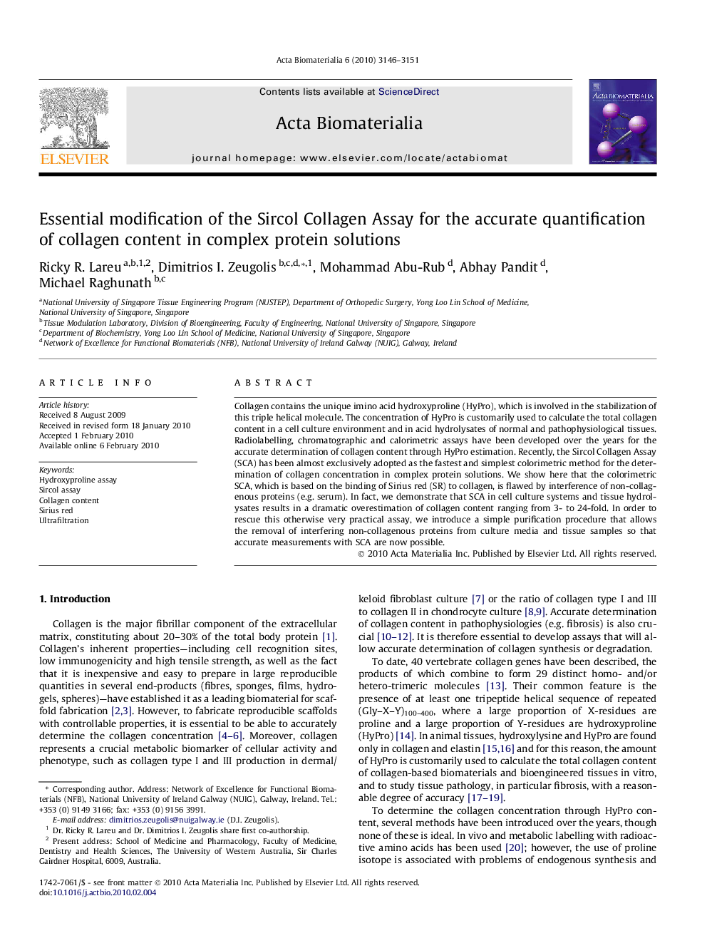 Essential modification of the Sircol Collagen Assay for the accurate quantification of collagen content in complex protein solutions