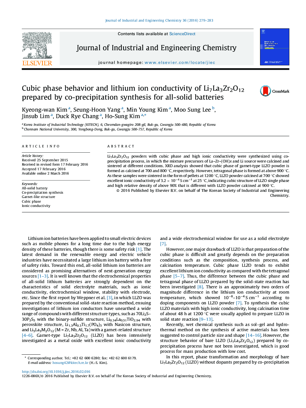 Cubic phase behavior and lithium ion conductivity of Li7La3Zr2O12 prepared by co-precipitation synthesis for all-solid batteries