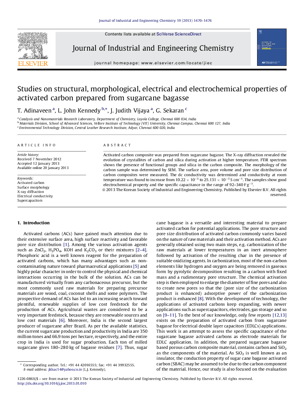 Studies on structural, morphological, electrical and electrochemical properties of activated carbon prepared from sugarcane bagasse