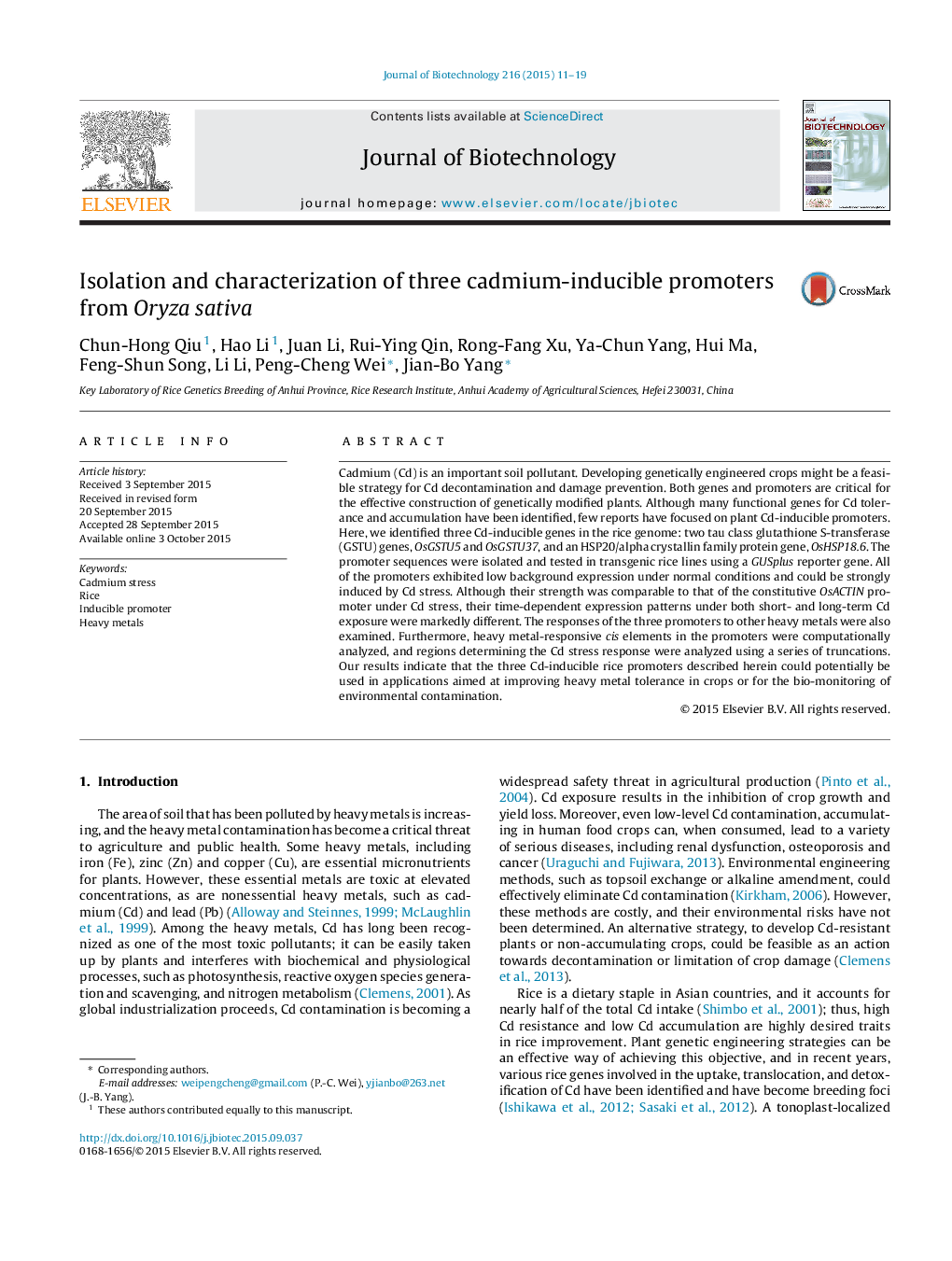 Isolation and characterization of three cadmium-inducible promoters from Oryza sativa