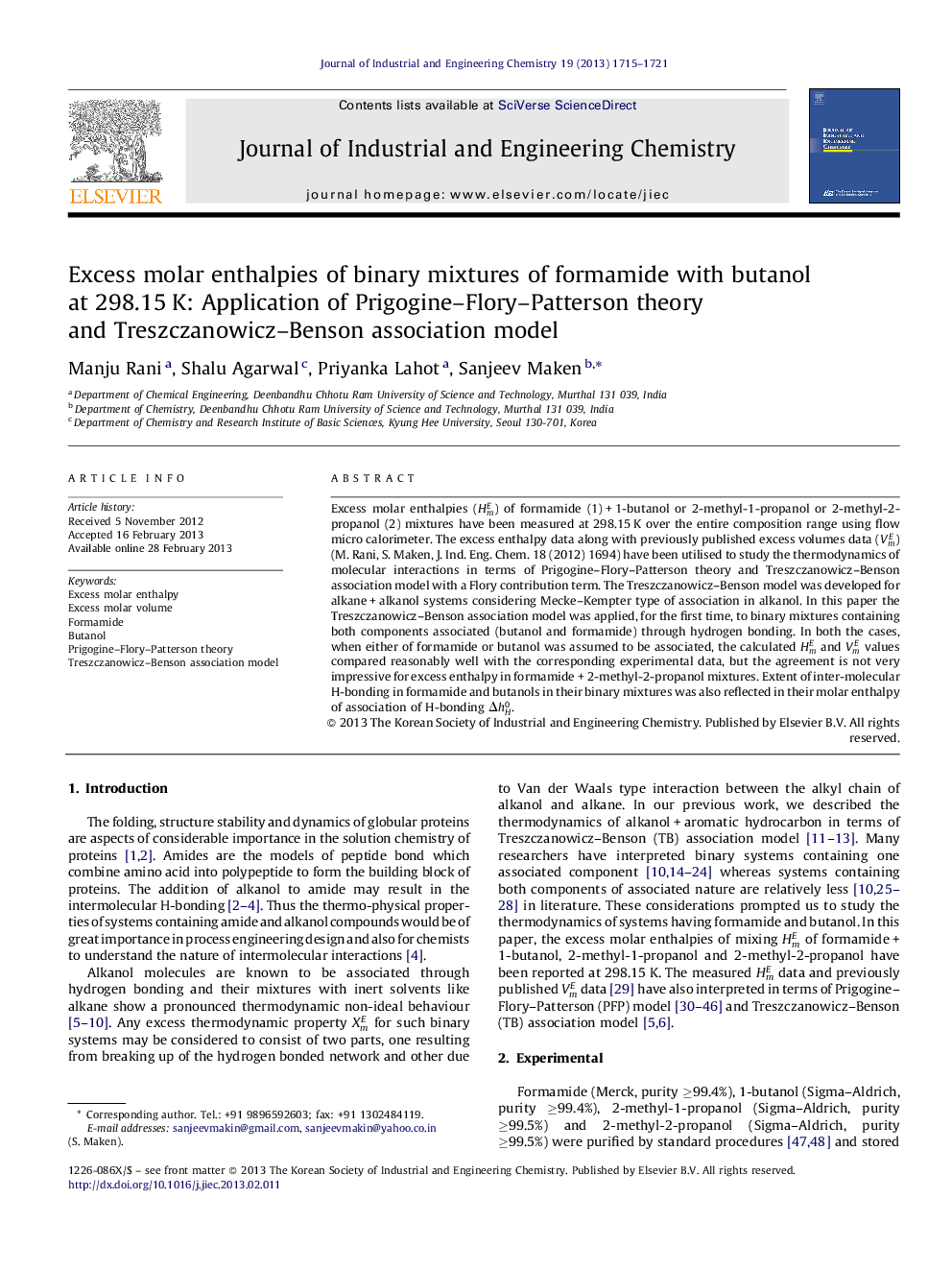 Excess molar enthalpies of binary mixtures of formamide with butanol at 298.15 K: Application of Prigogine–Flory–Patterson theory and Treszczanowicz–Benson association model