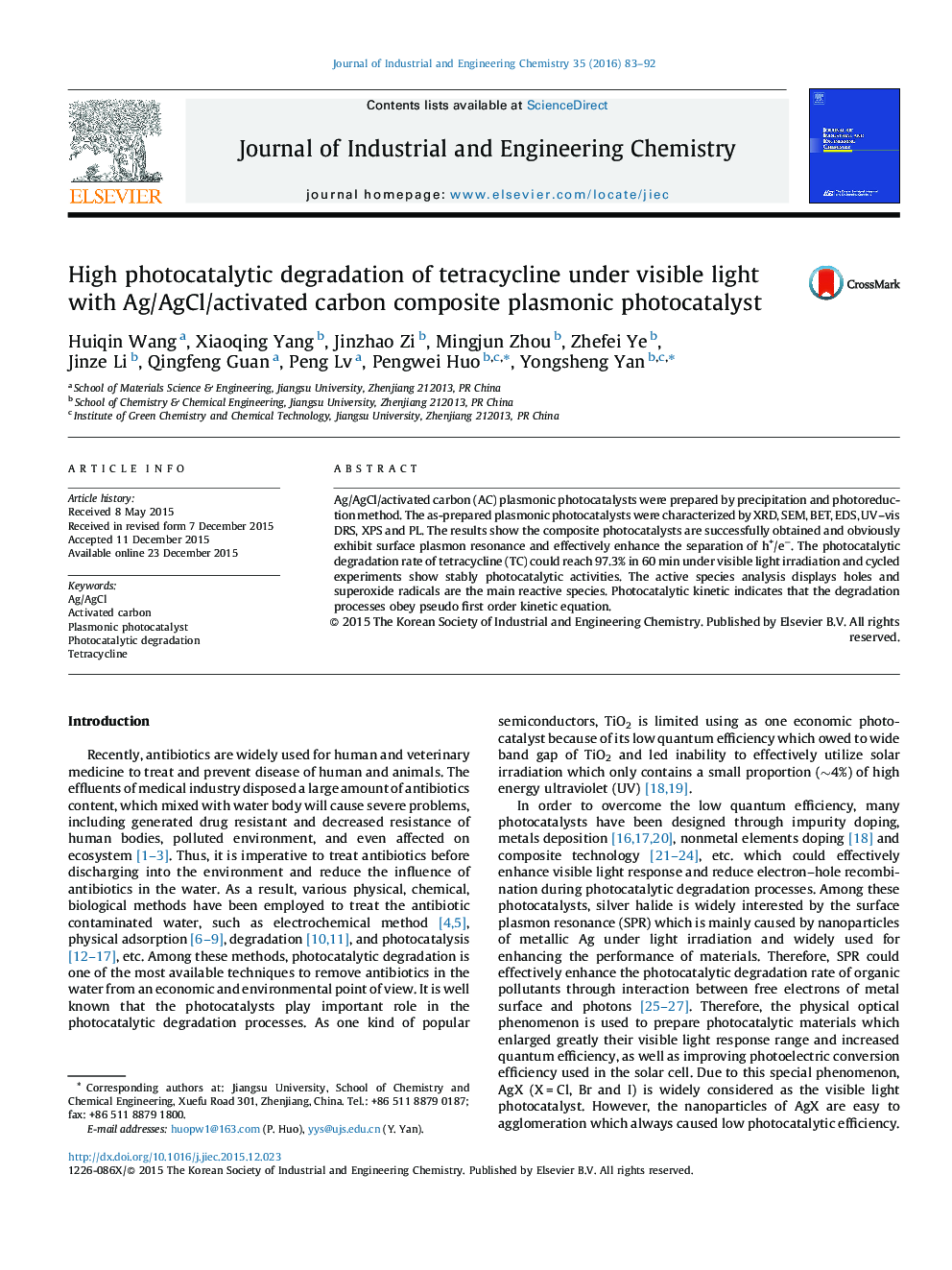 High photocatalytic degradation of tetracycline under visible light with Ag/AgCl/activated carbon composite plasmonic photocatalyst