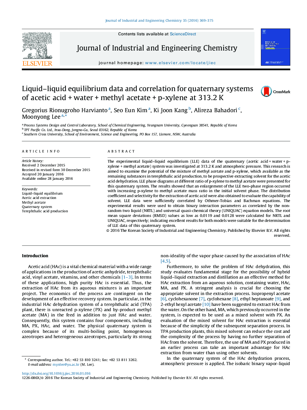 Liquid–liquid equilibrium data and correlation for quaternary systems of acetic acid + water + methyl acetate + p-xylene at 313.2 K