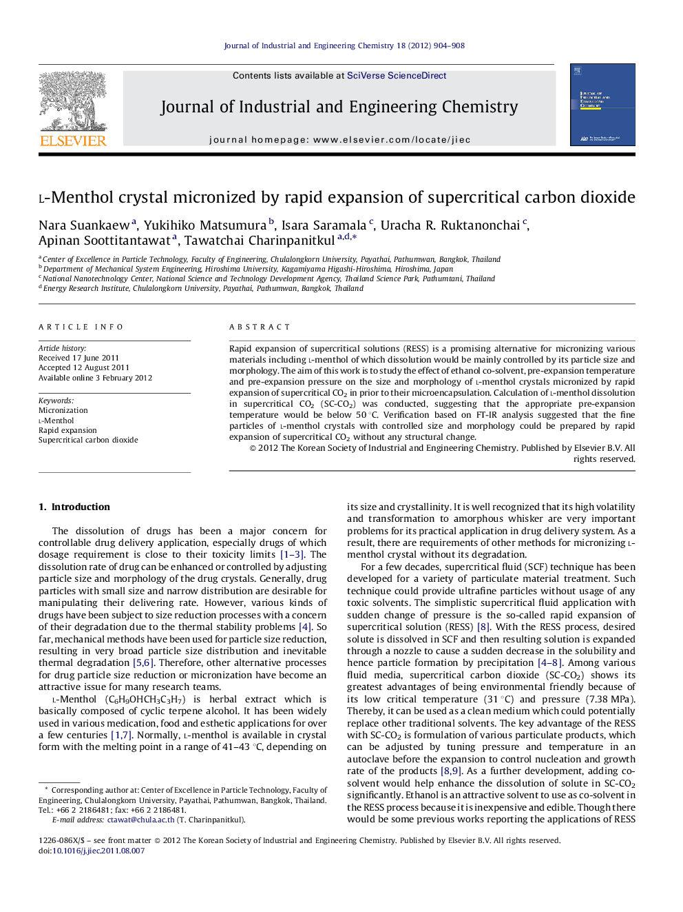 l-Menthol crystal micronized by rapid expansion of supercritical carbon dioxide