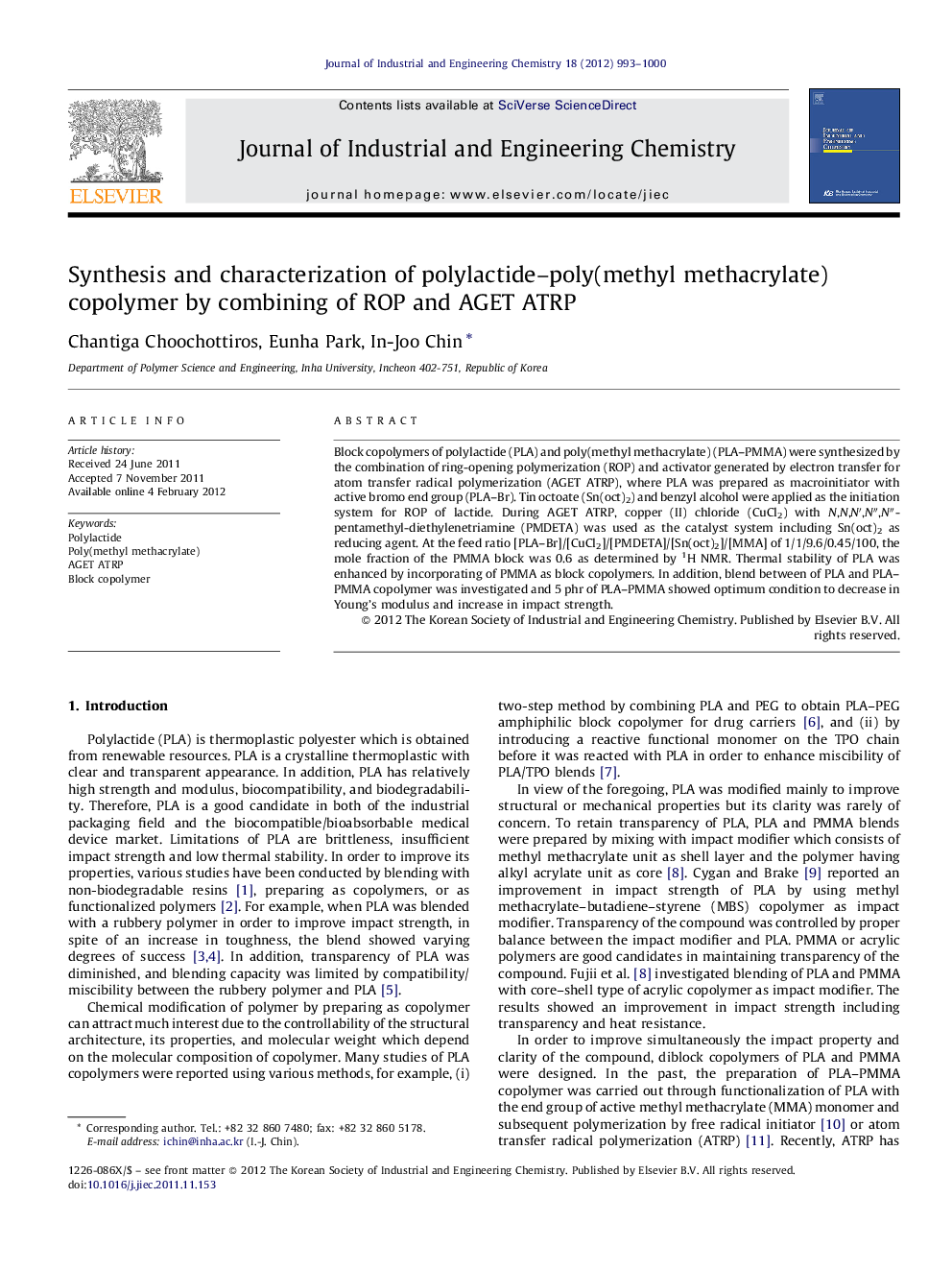 Synthesis and characterization of polylactide–poly(methyl methacrylate) copolymer by combining of ROP and AGET ATRP