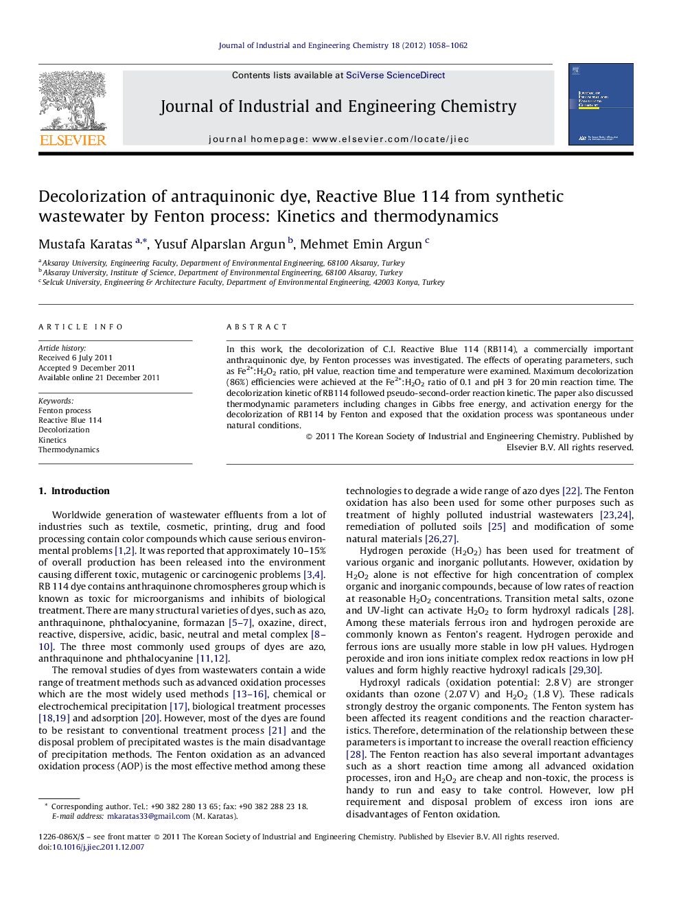 Decolorization of antraquinonic dye, Reactive Blue 114 from synthetic wastewater by Fenton process: Kinetics and thermodynamics