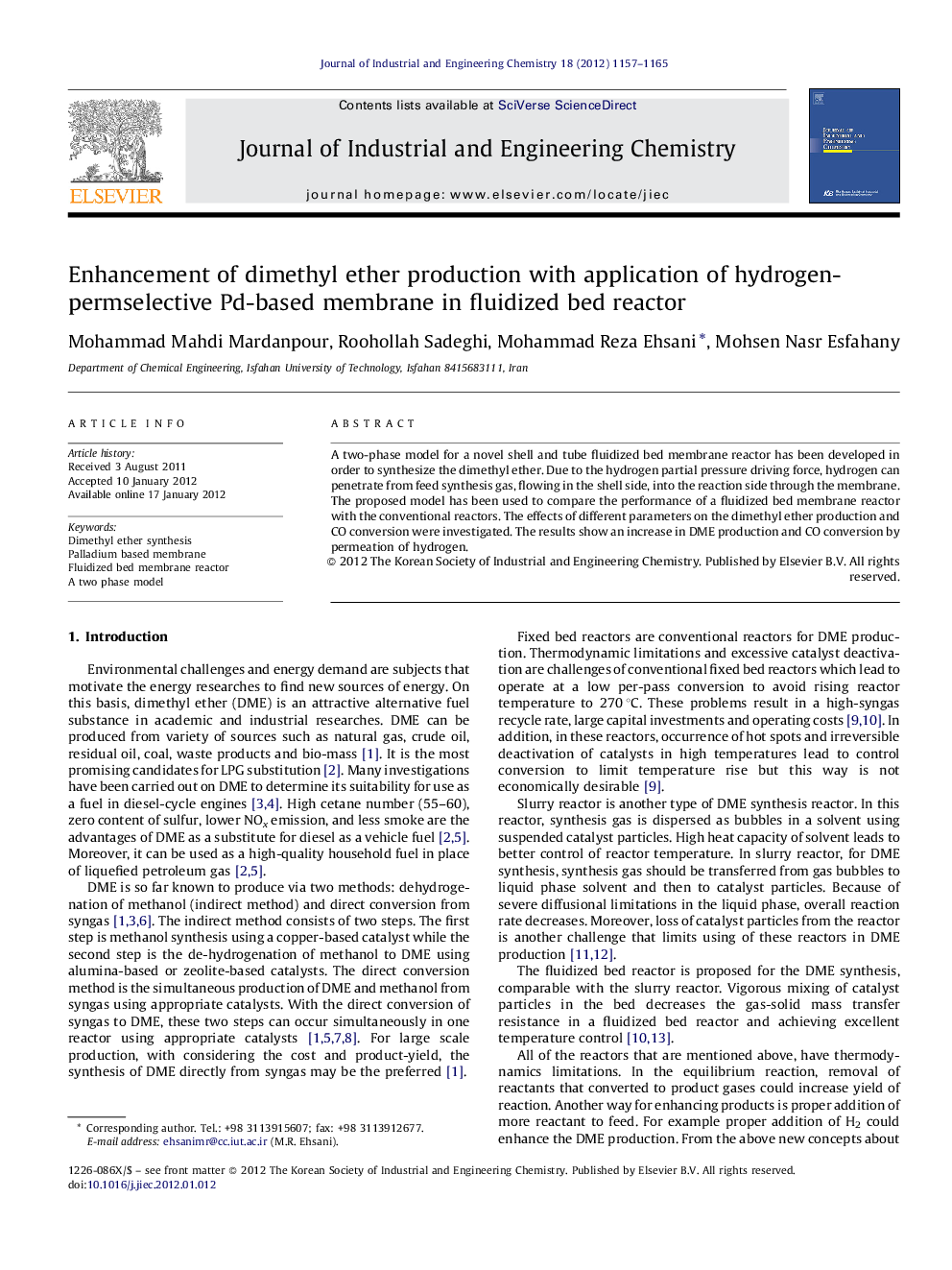 Enhancement of dimethyl ether production with application of hydrogen-permselective Pd-based membrane in fluidized bed reactor