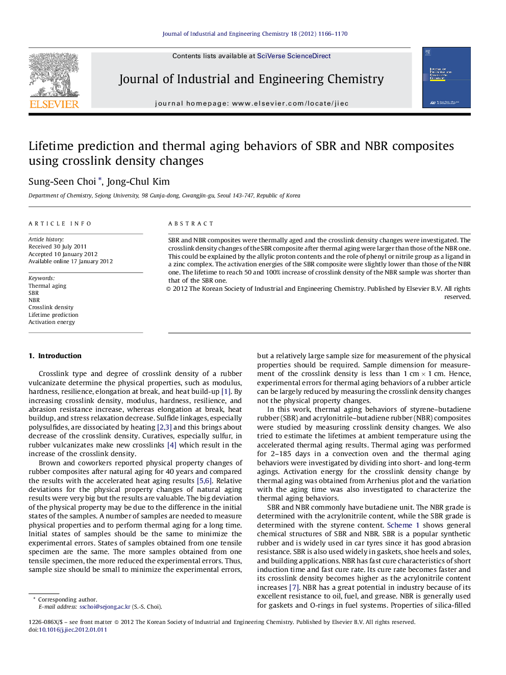 Lifetime prediction and thermal aging behaviors of SBR and NBR composites using crosslink density changes