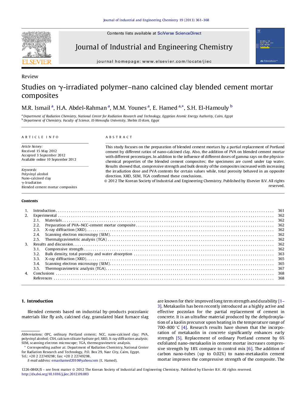 Studies on γ-irradiated polymer–nano calcined clay blended cement mortar composites