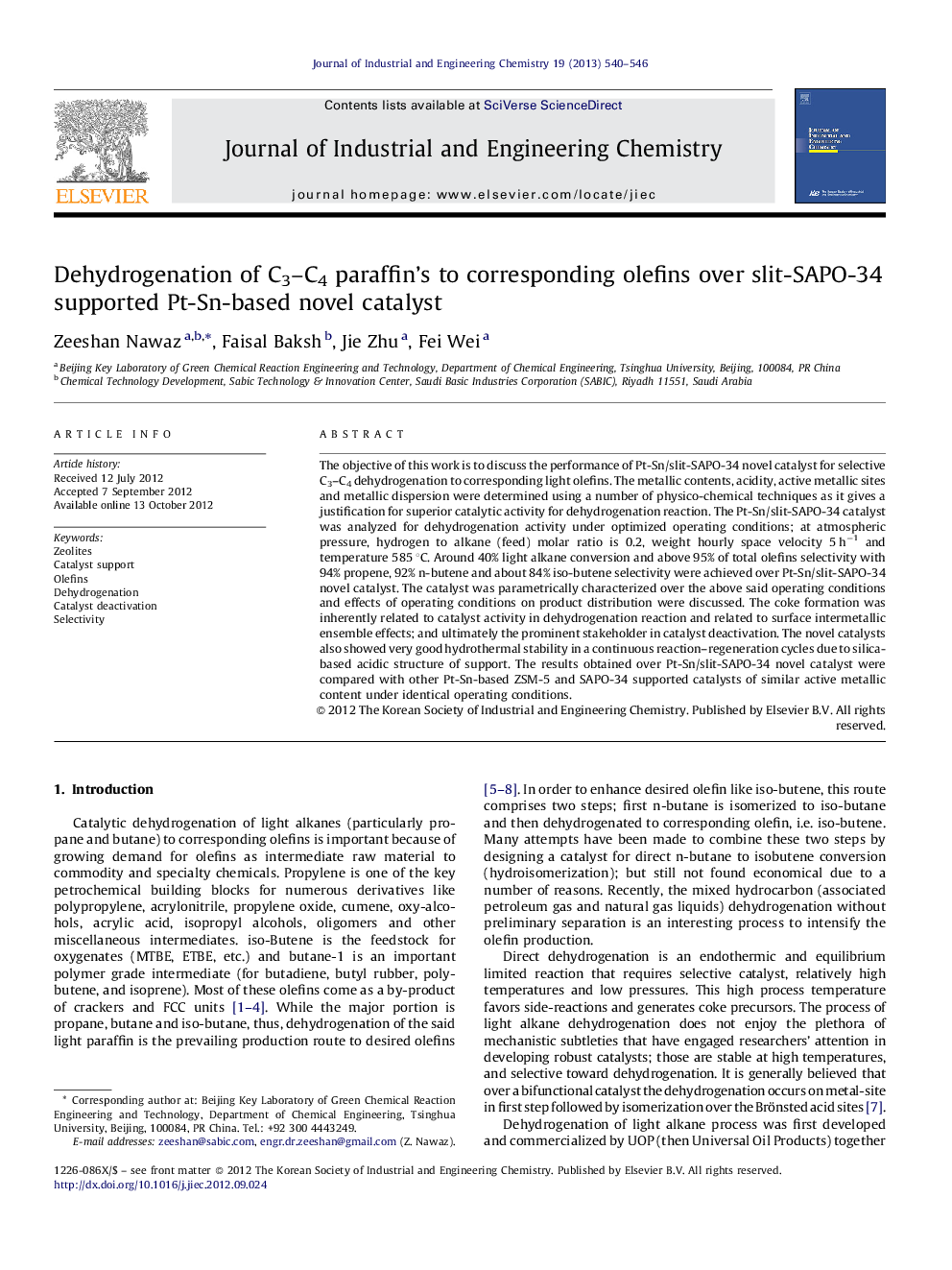 Dehydrogenation of C3–C4 paraffin's to corresponding olefins over slit-SAPO-34 supported Pt-Sn-based novel catalyst