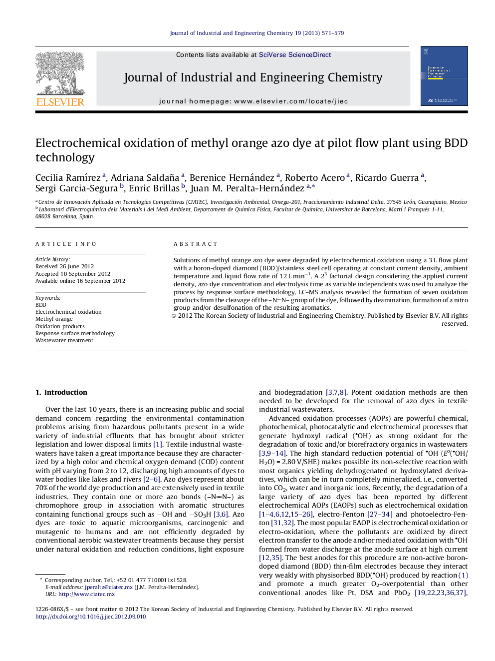 Electrochemical oxidation of methyl orange azo dye at pilot flow plant using BDD technology