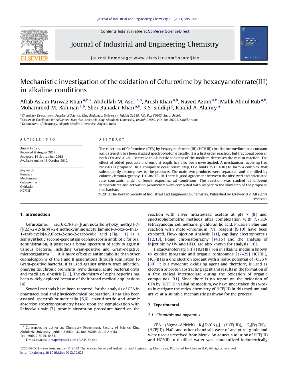 Mechanistic investigation of the oxidation of Cefuroxime by hexacyanoferrate(III) in alkaline conditions